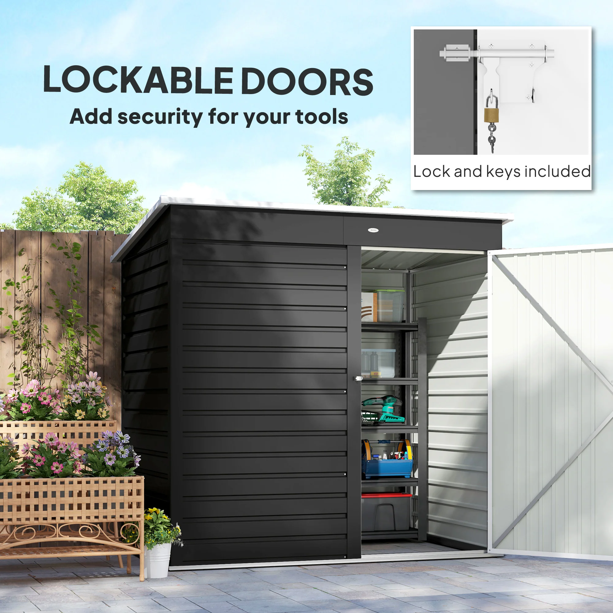 Outsunny 6 x 4ft Metal Garden Shed with Lockable Door and Gloves, Dark Grey - Image 3