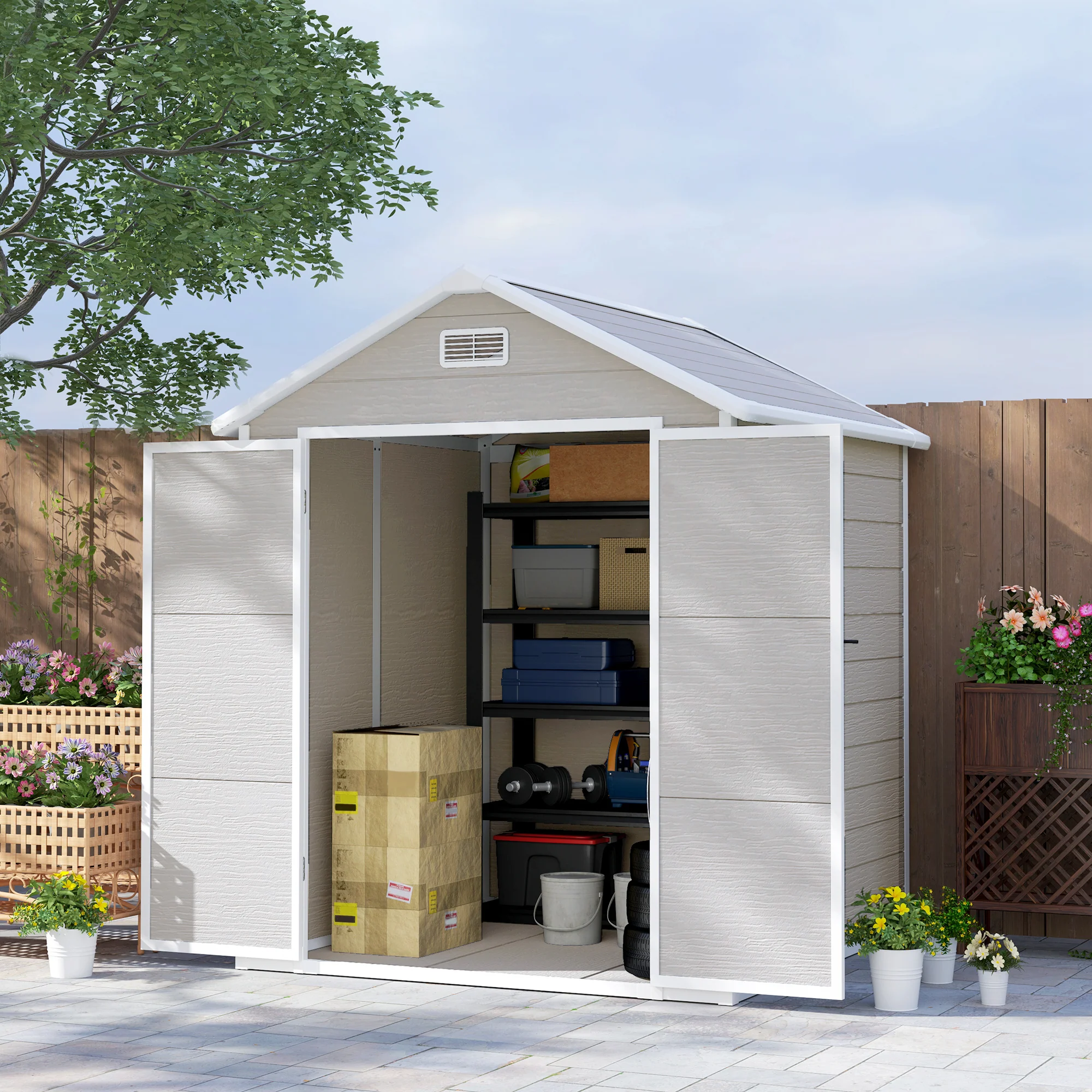 Outsunny 6 X 5ft Resin Garden Shed With Floor And Window, Grey - Image 11