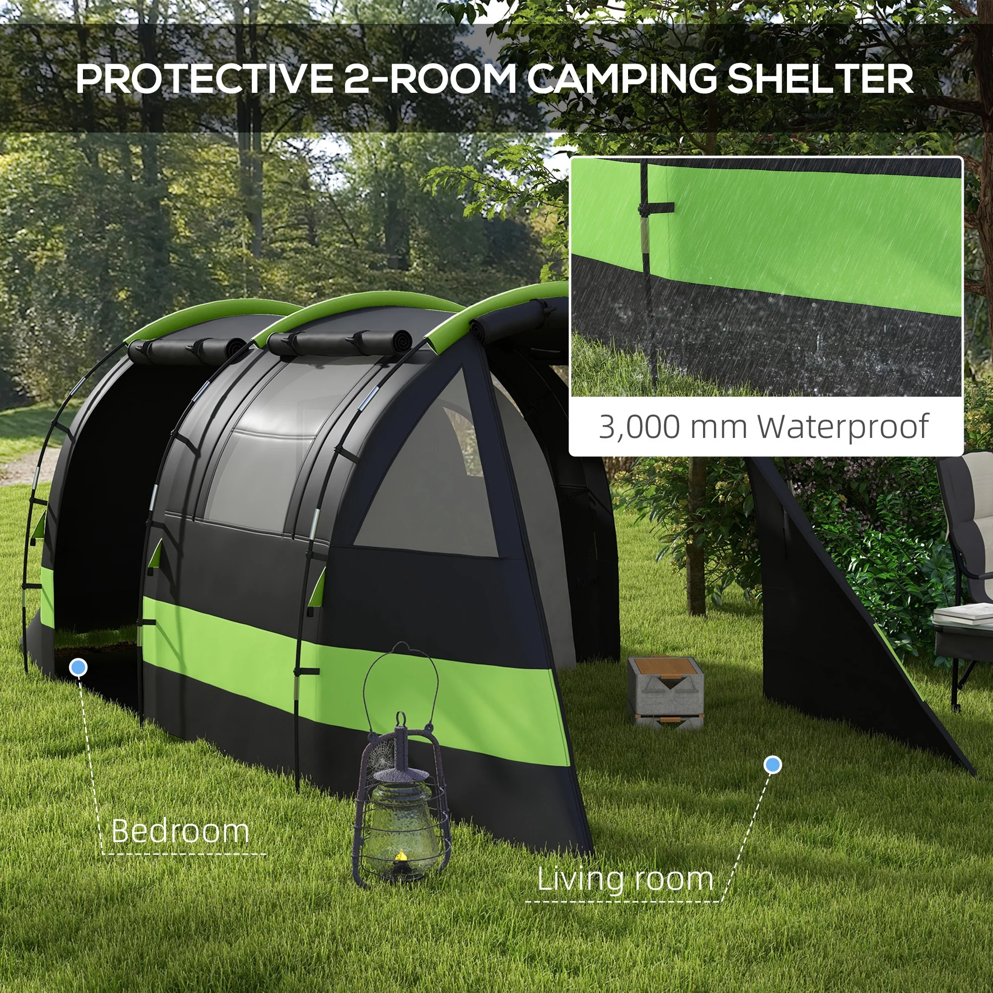 Outsunny Blackout Camping Tent with Bedroom & Living Room for 4-5 Person, Black - Image 3