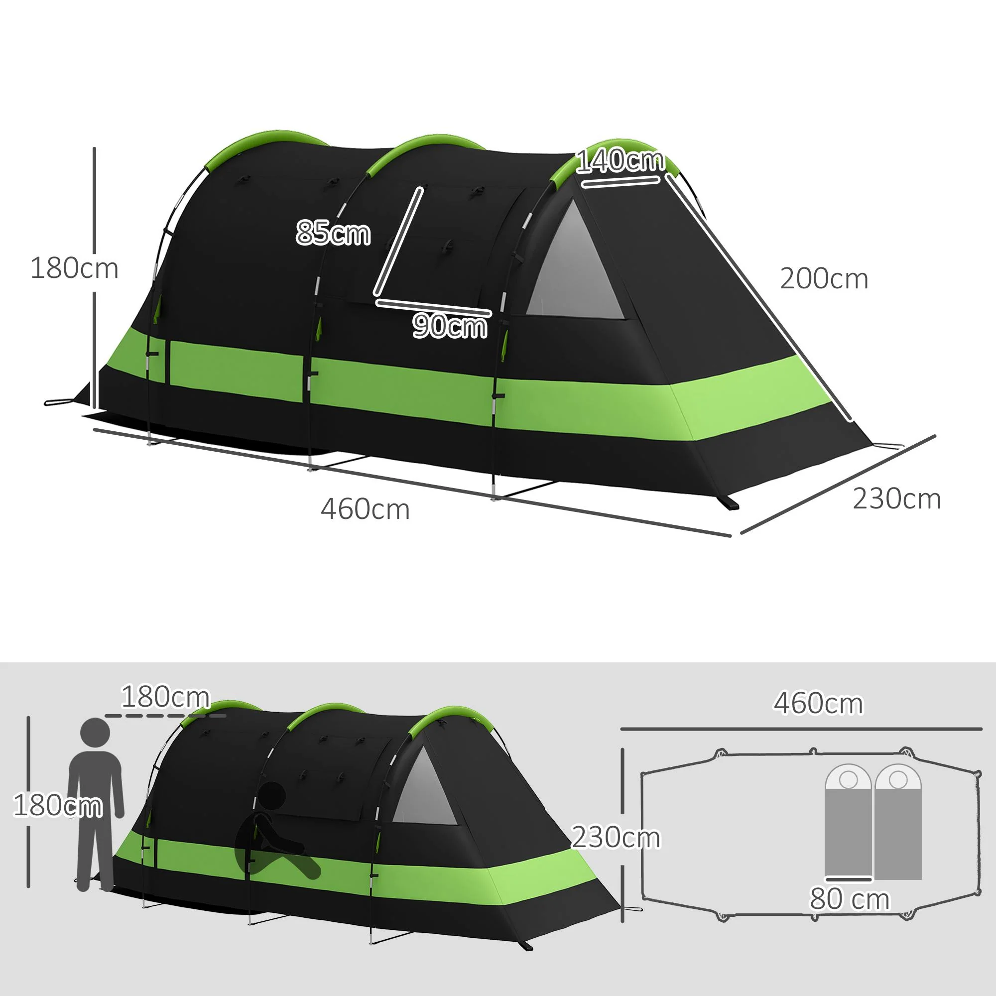 Outsunny Blackout Camping Tent with Bedroom & Living Room for 4-5 Person, Black - Image 5