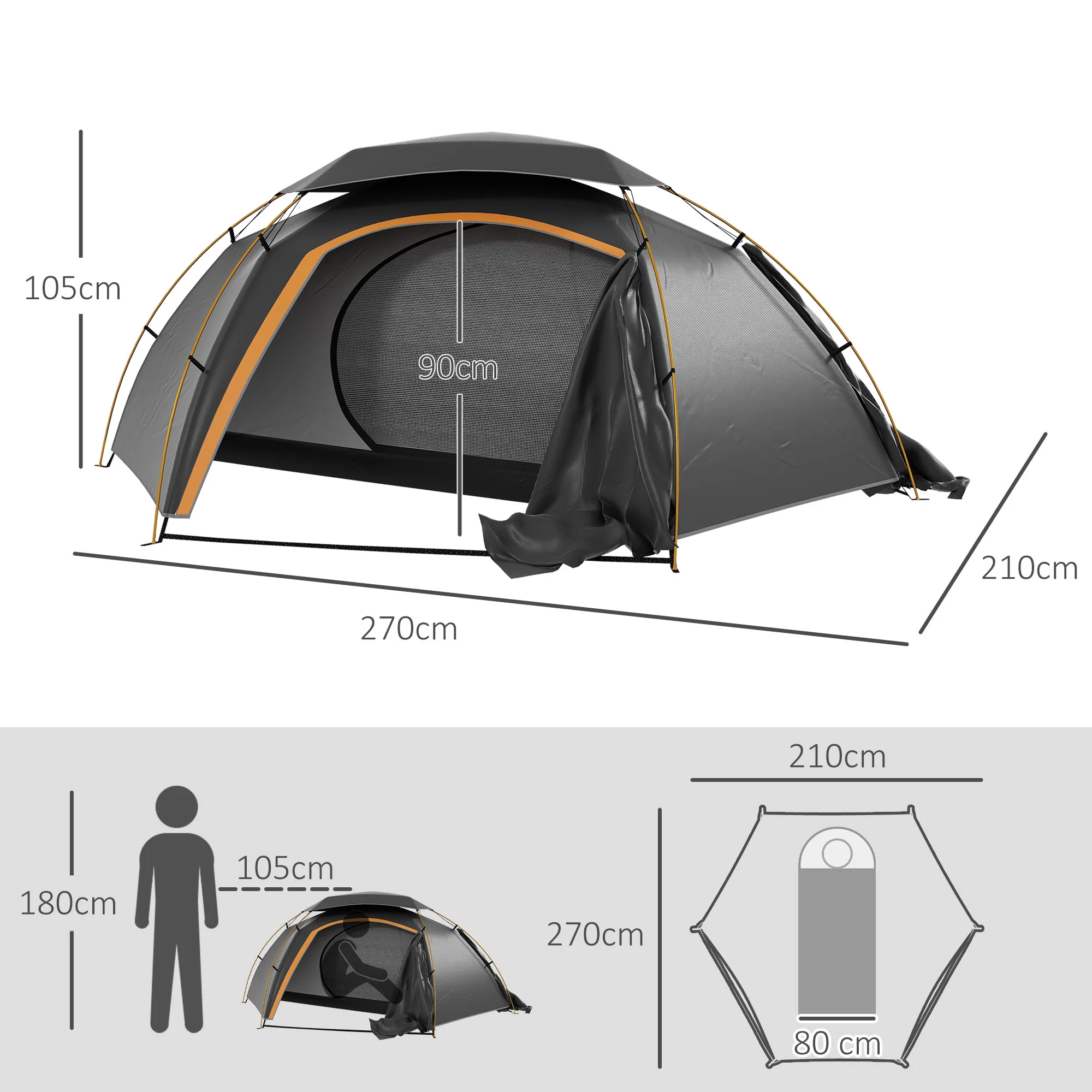Outsunny Camping Tent Dome Tent with Removable Rainfly for 1-2 Man, Grey - Image 5