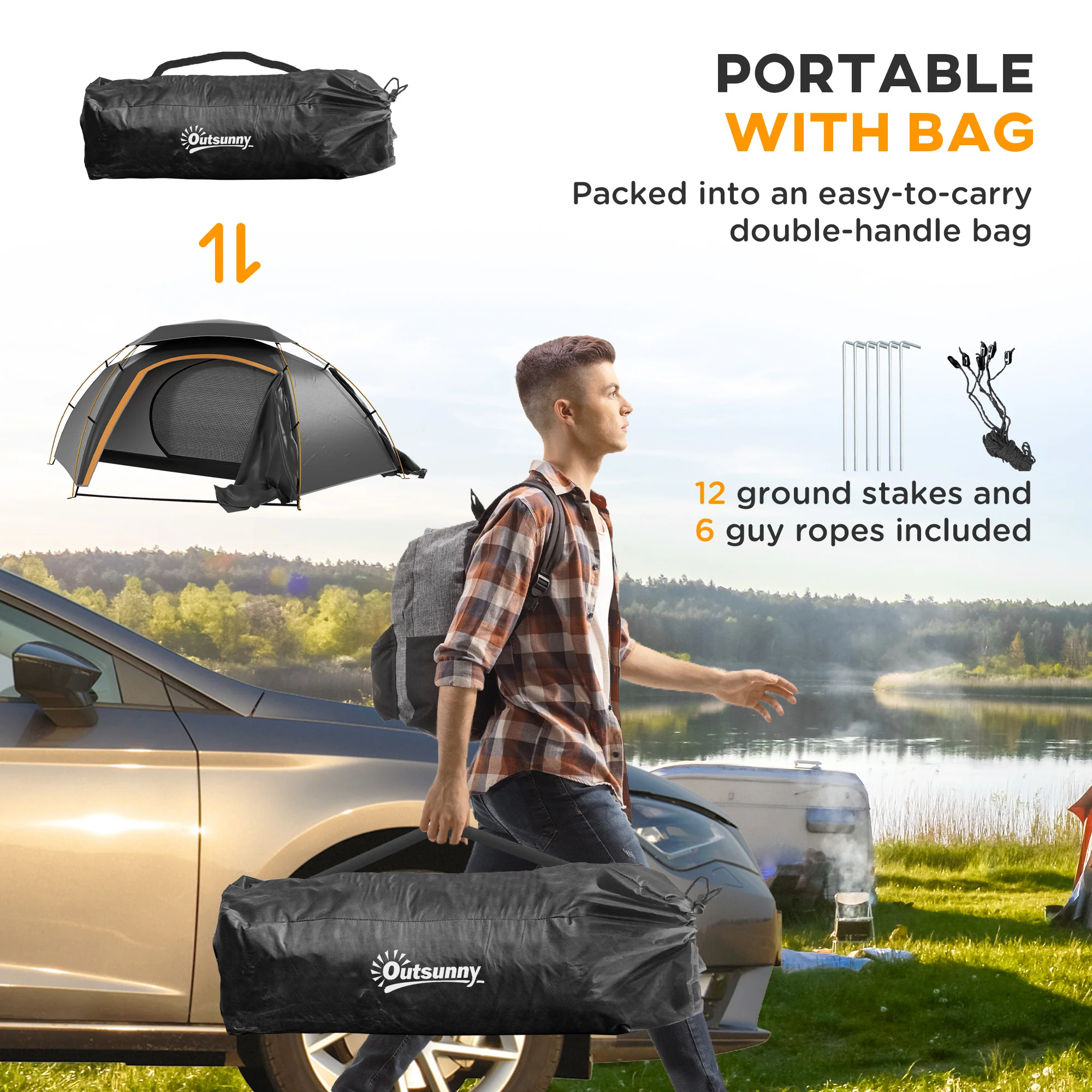 Outsunny Camping Tent Dome Tent with Removable Rainfly for 1-2 Man, Grey - Image 7