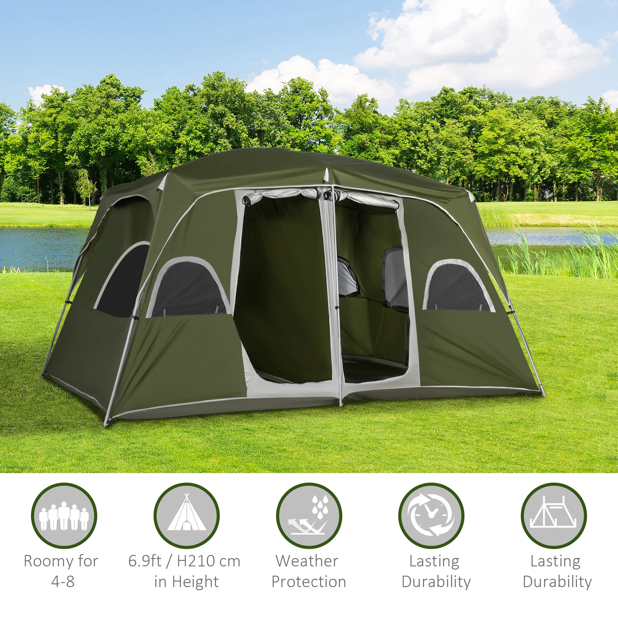 Outsunny Camping Tent, Family Tent 4-8 Person 2 Room, with Large Mesh Windows, Easy Set Up for Backpacking Hiking Outdoor, Green - Image 5