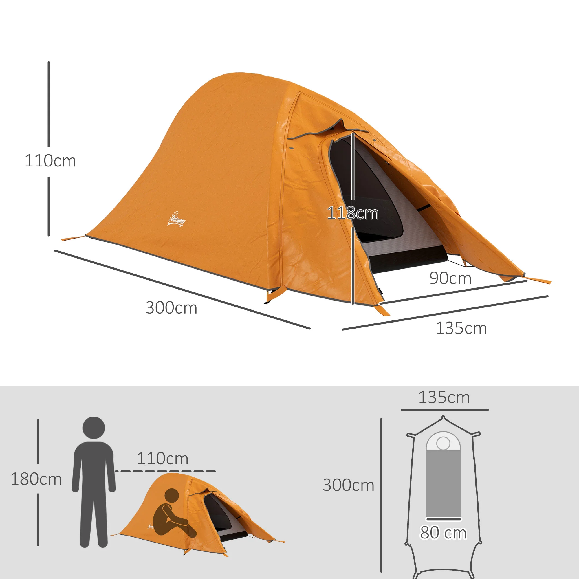 Outsunny Double Layer Camping Tent For 1-2 Man, 2000mm Waterproof - Orange/Green - Image 5