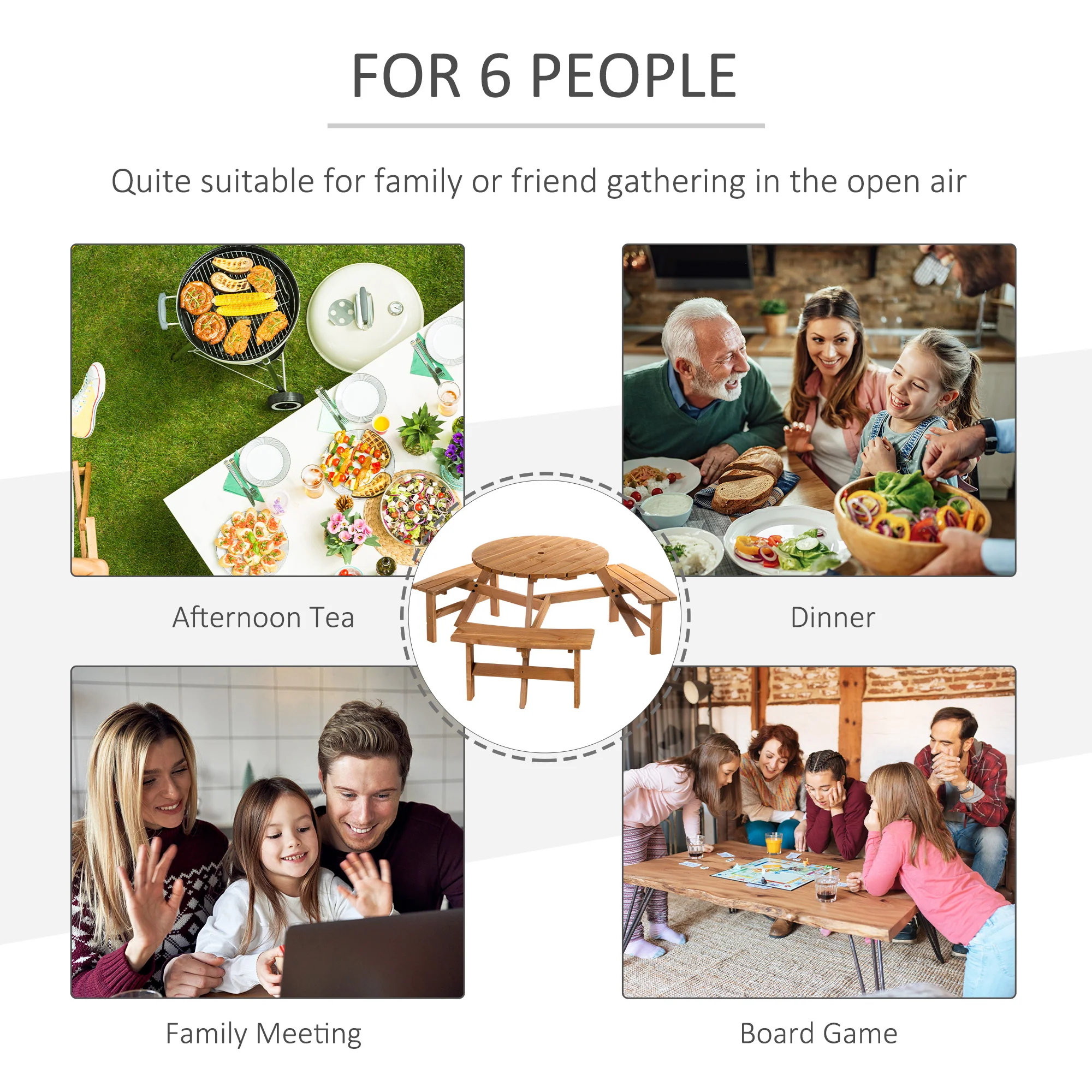 Outsunny Garden Round Table W/3 Attached Benches-Fir Wood - Image 6