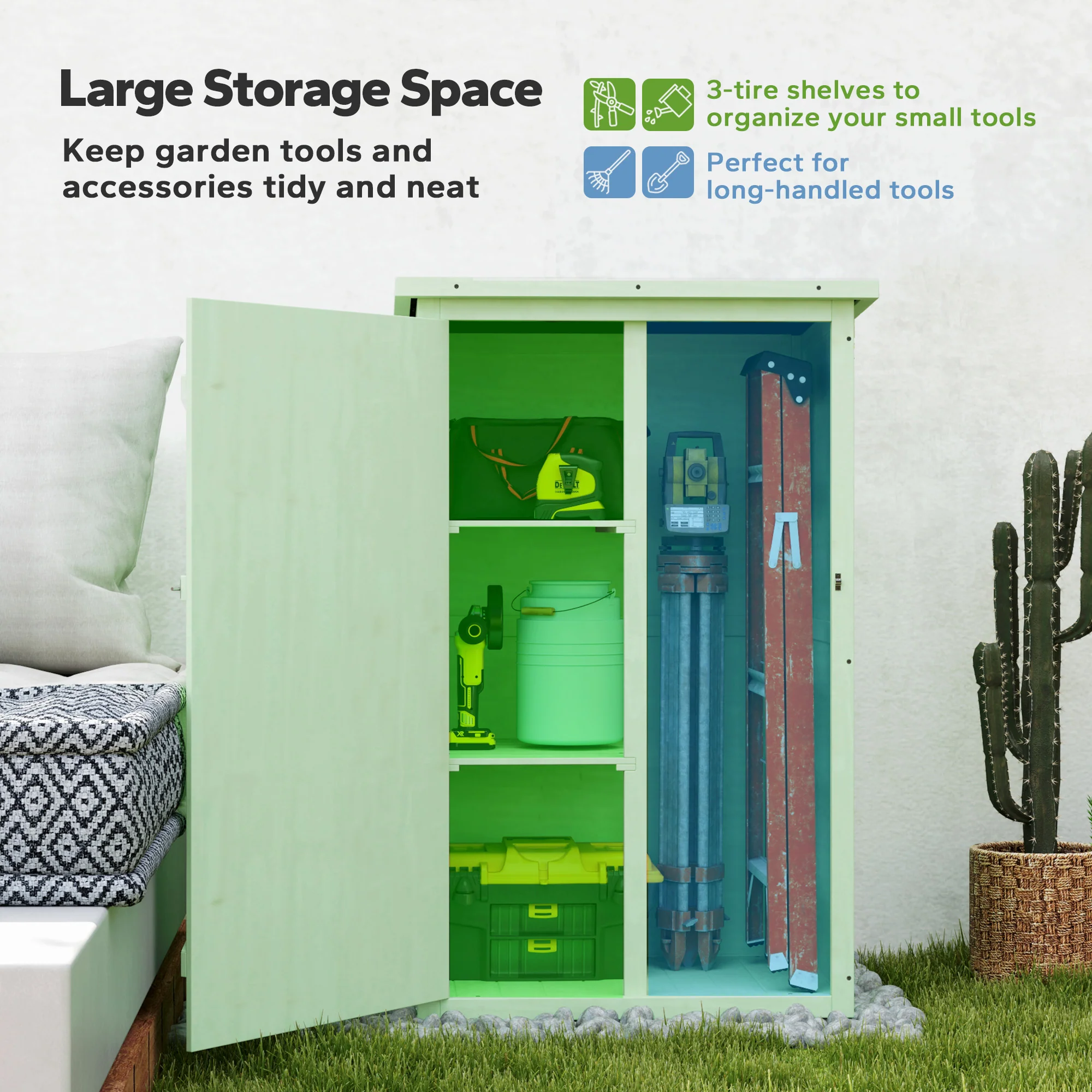 Outsunny Garden Shed Outdoor Tool Storage w/ 2 Shelves 75 x 56 x115cm Green - Image 3