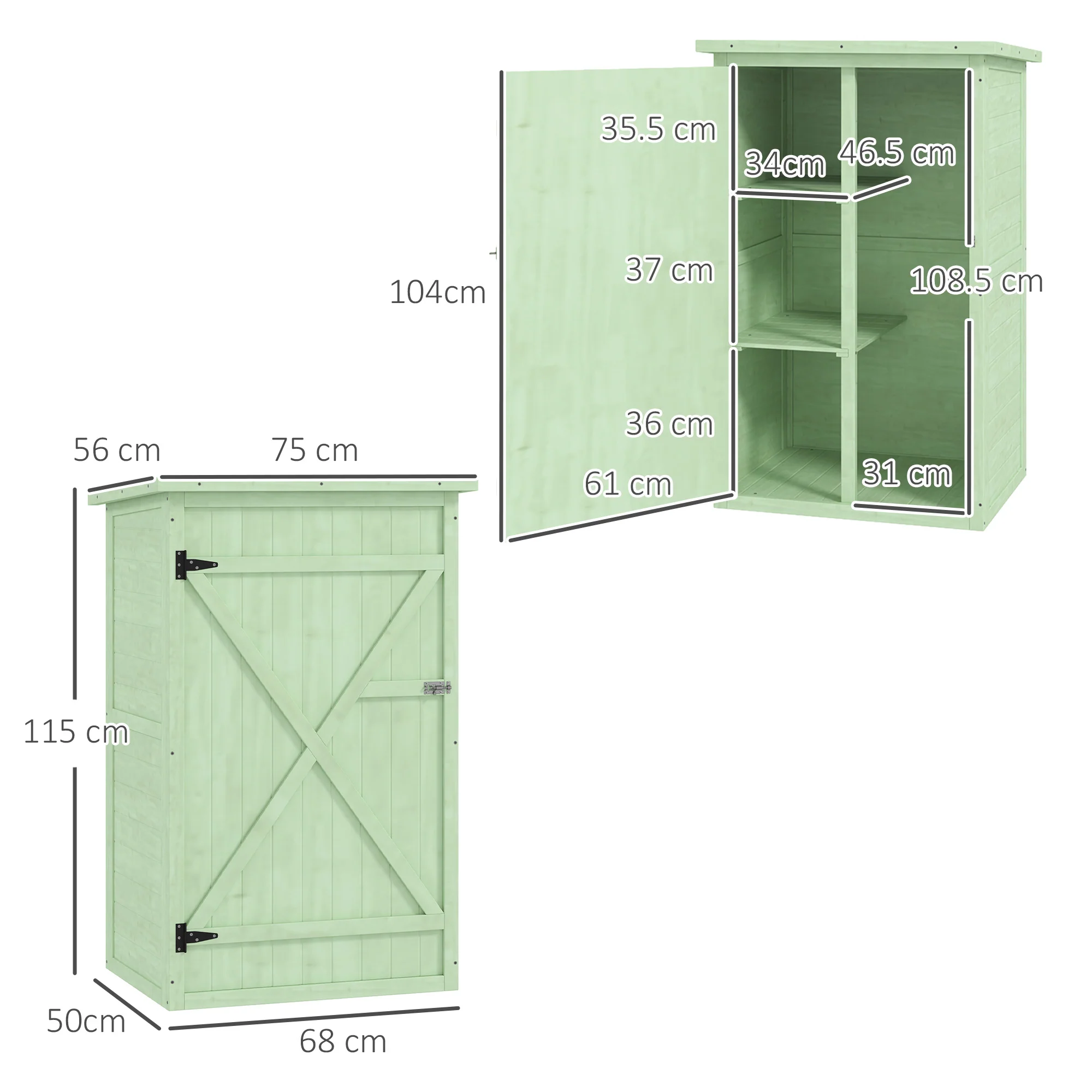 Outsunny Garden Shed Outdoor Tool Storage w/ 2 Shelves 75 x 56 x115cm Green - Image 5