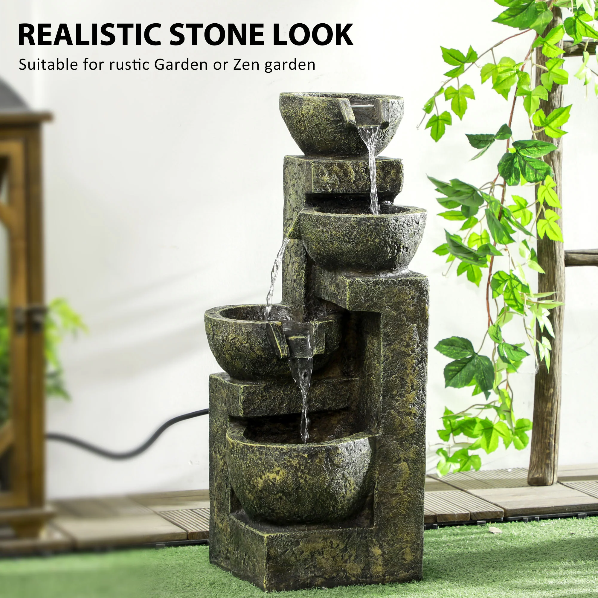 Outsunny Garden Water Feature with Adjustable Flow, 4-Tier Stone Look Bowls - Image 3