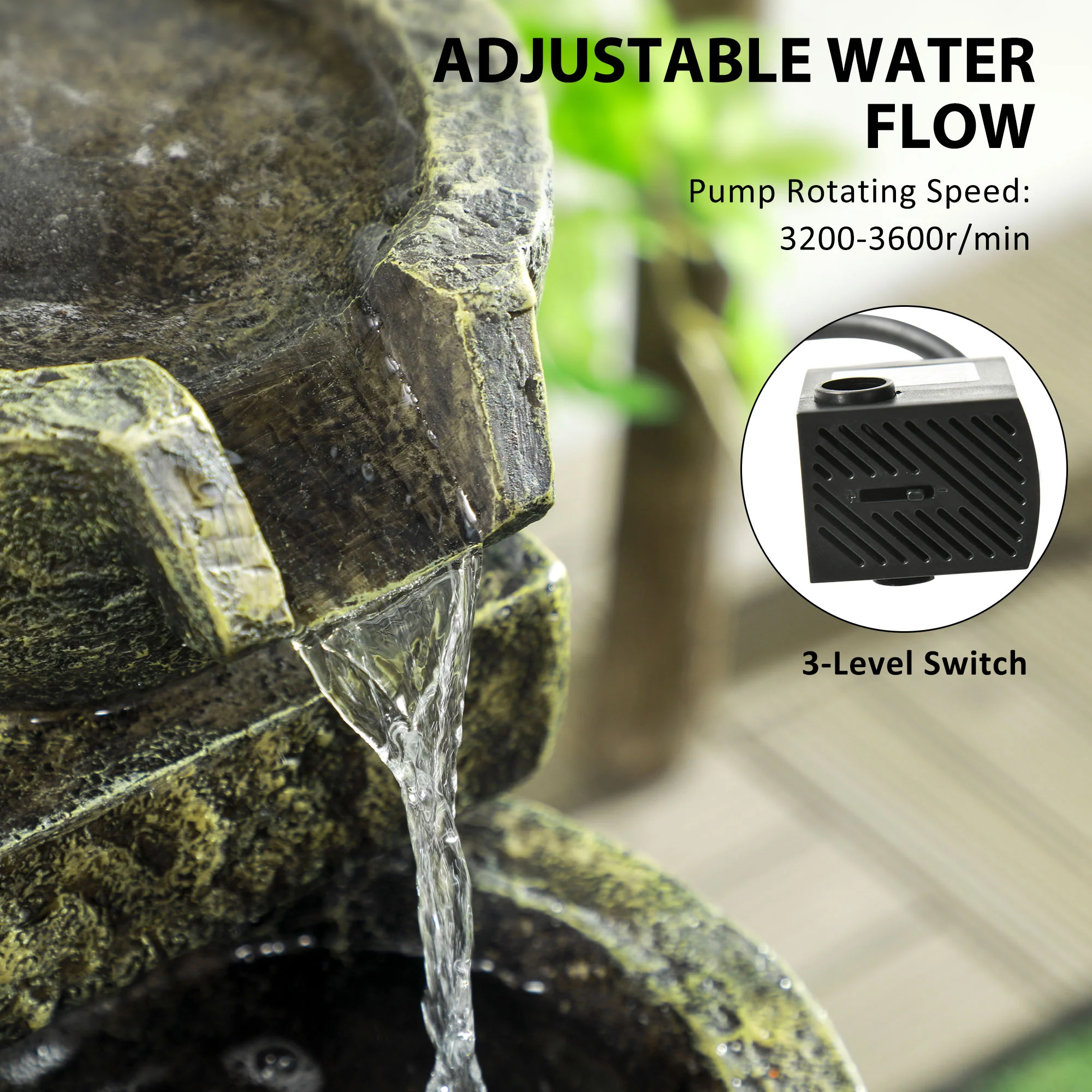 Outsunny Garden Water Feature with Adjustable Flow, 4-Tier Stone Look Bowls - Image 4