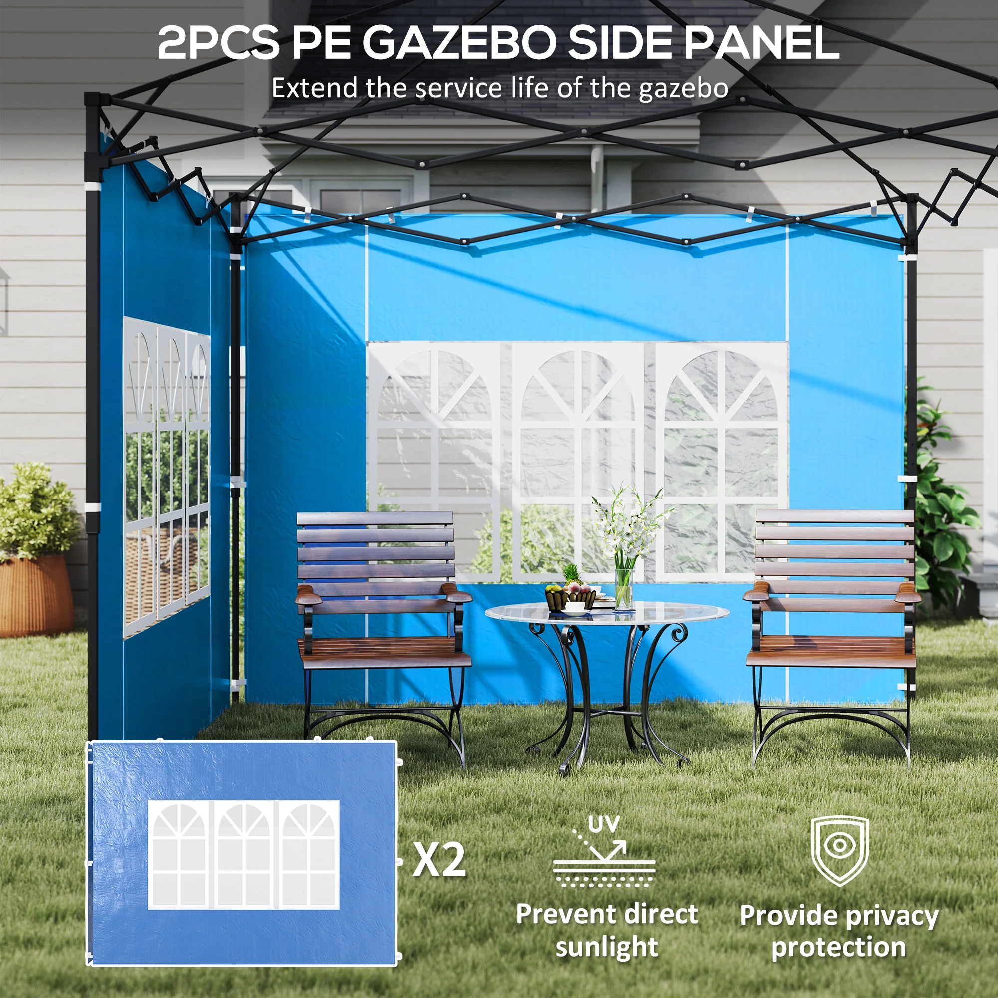 Outsunny Gazebo Side Panels For 3x3(m) Or 3x6m Gazebo Canopy, 2 Pack, Blue - Image 3
