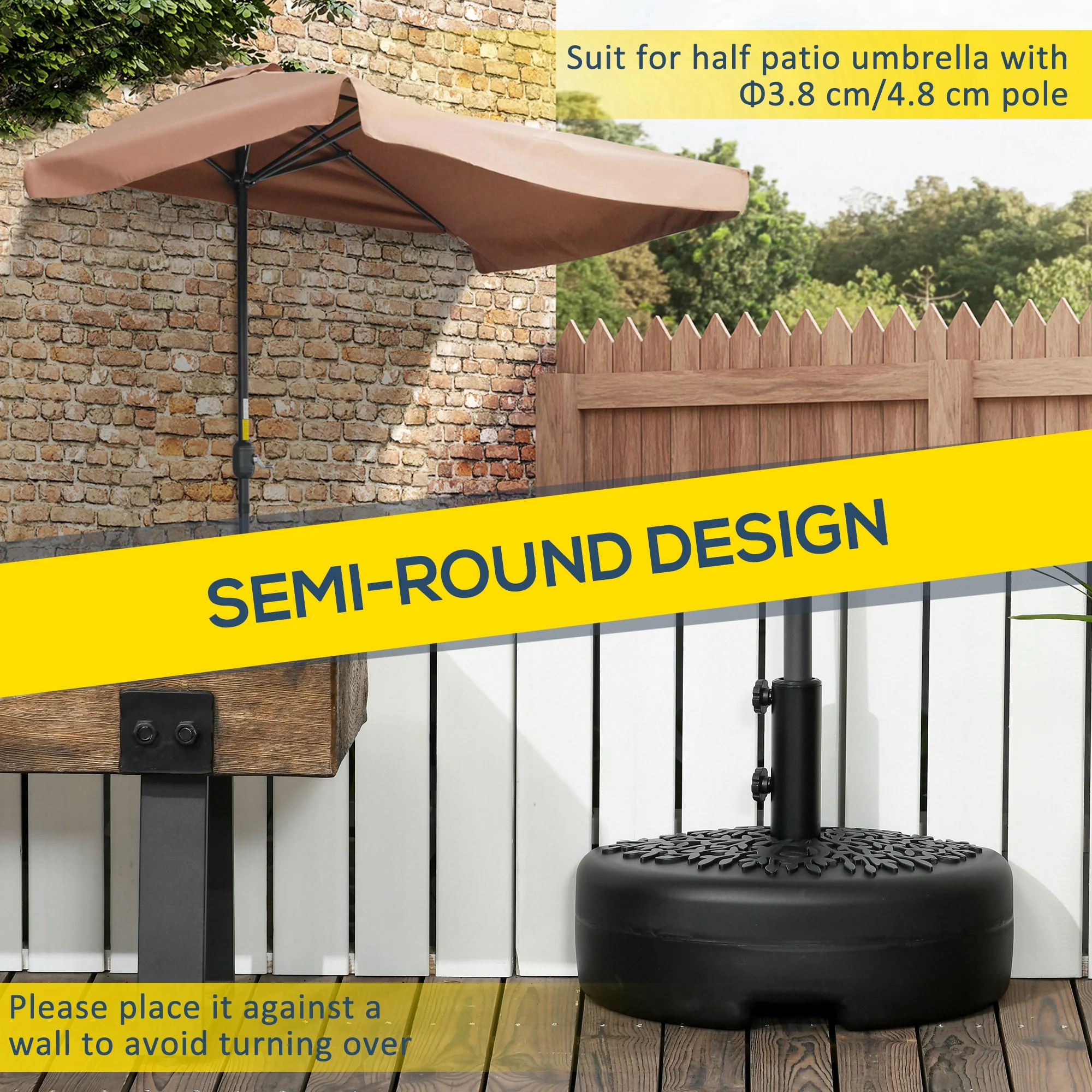 Outsunny Half Round Patio Umbrella Base For 3.8 Cm Or 4.8 Cm Pole, Black - Image 3