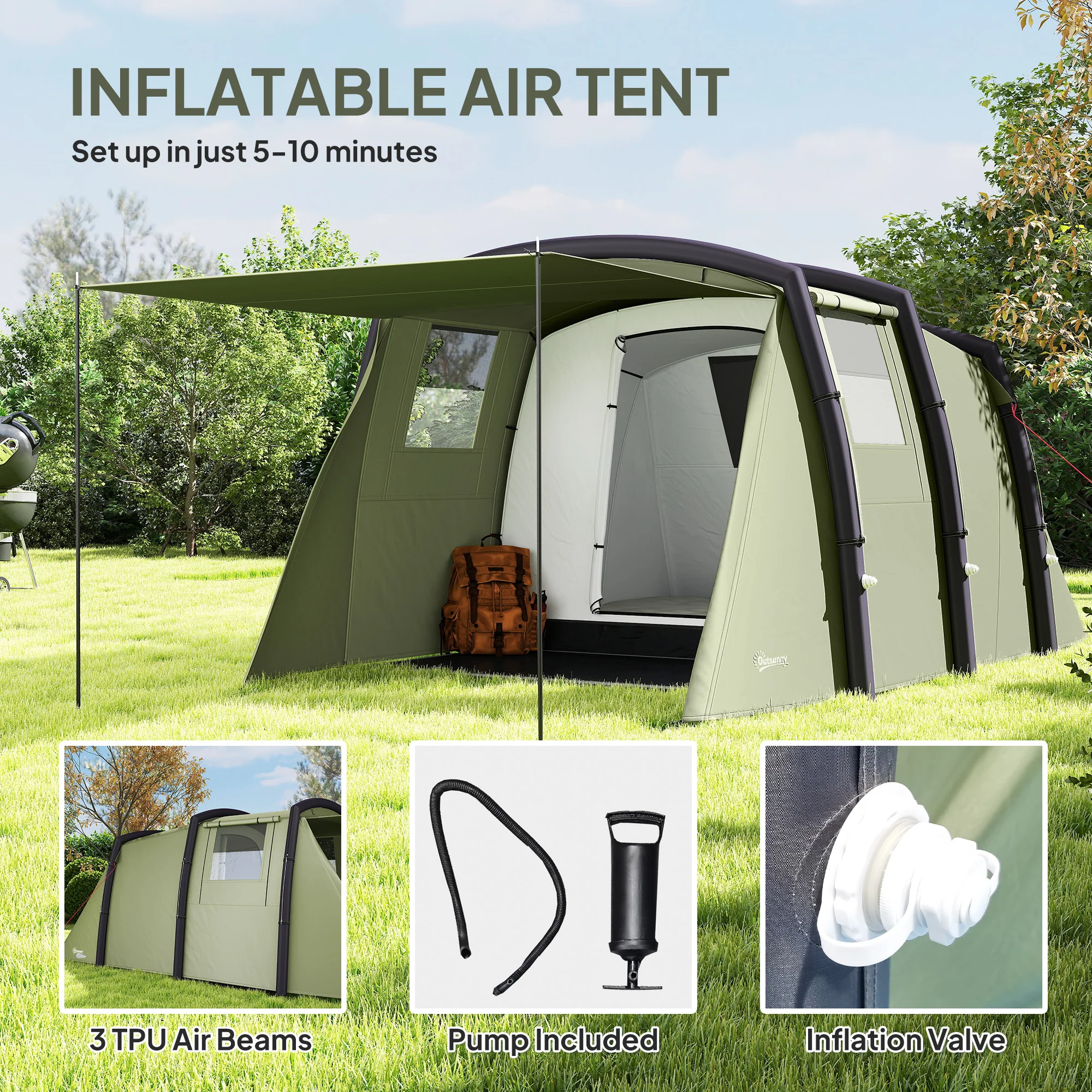 Outsunny Inflatable 3-4 Man Tunnel Tent W/ Air Pump, Living Area - Image 12