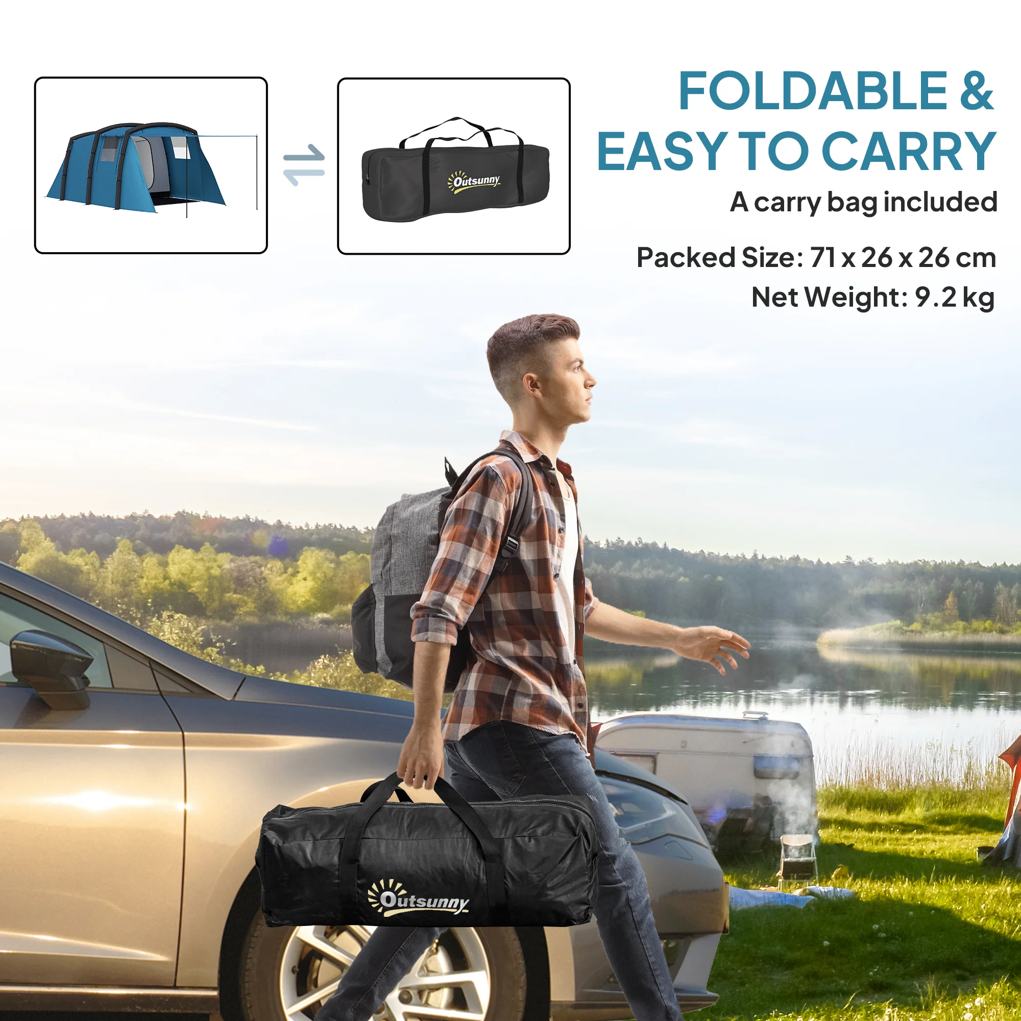 Outsunny Inflatable 3-4 Man Tunnel Tent W/ Air Pump, Living Area - Image 9