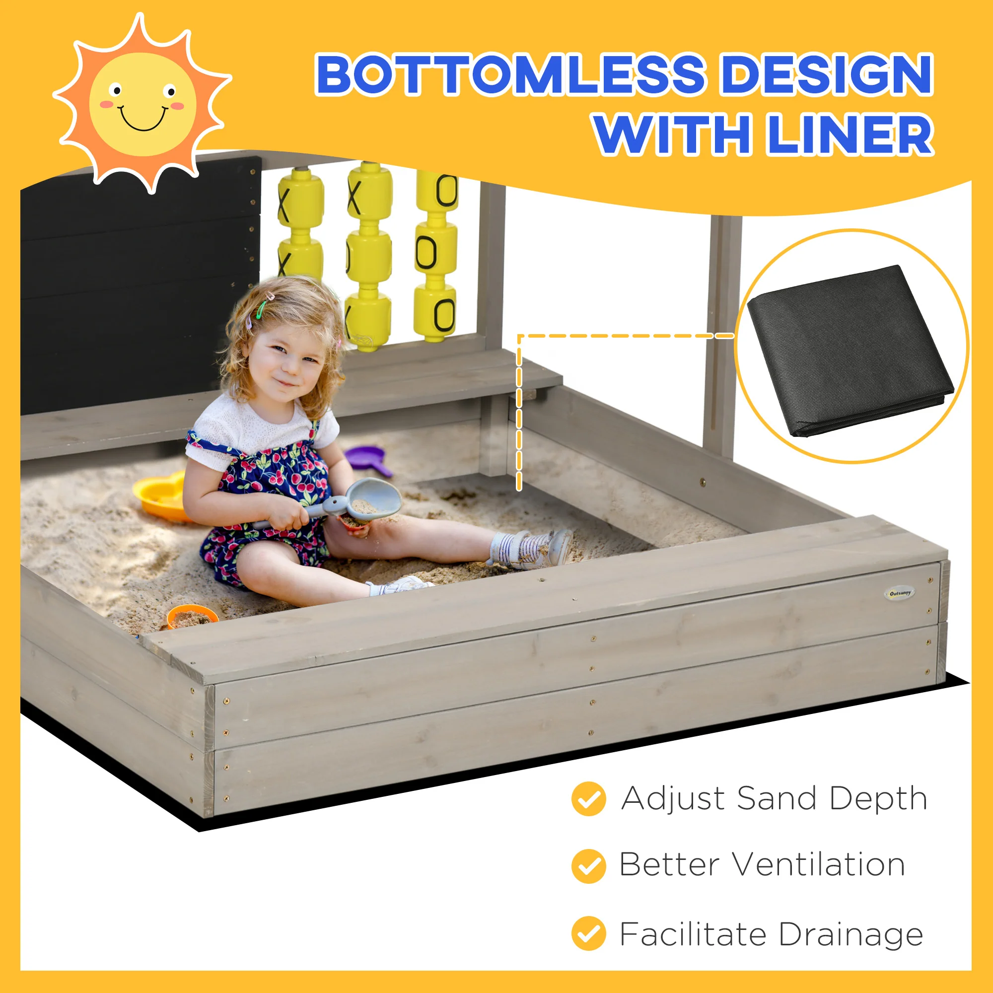 Outsunny Kids Wooden Sandpit, Sandbox W/ Canopy, Seats, For Gardens - Grey - Image 3