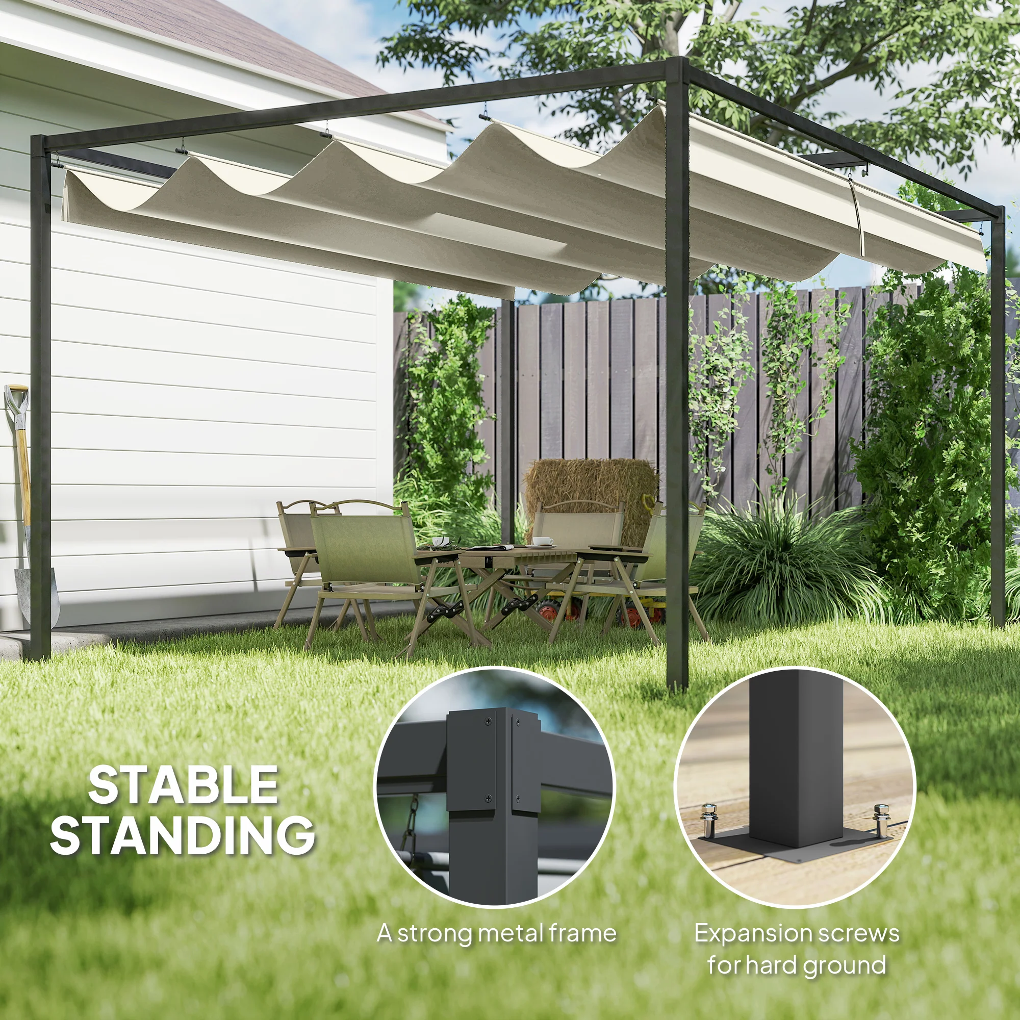 Outsunny Metal Pergola Gazebo Patio Sunshelter Retractable Canopy Cream - Image 13
