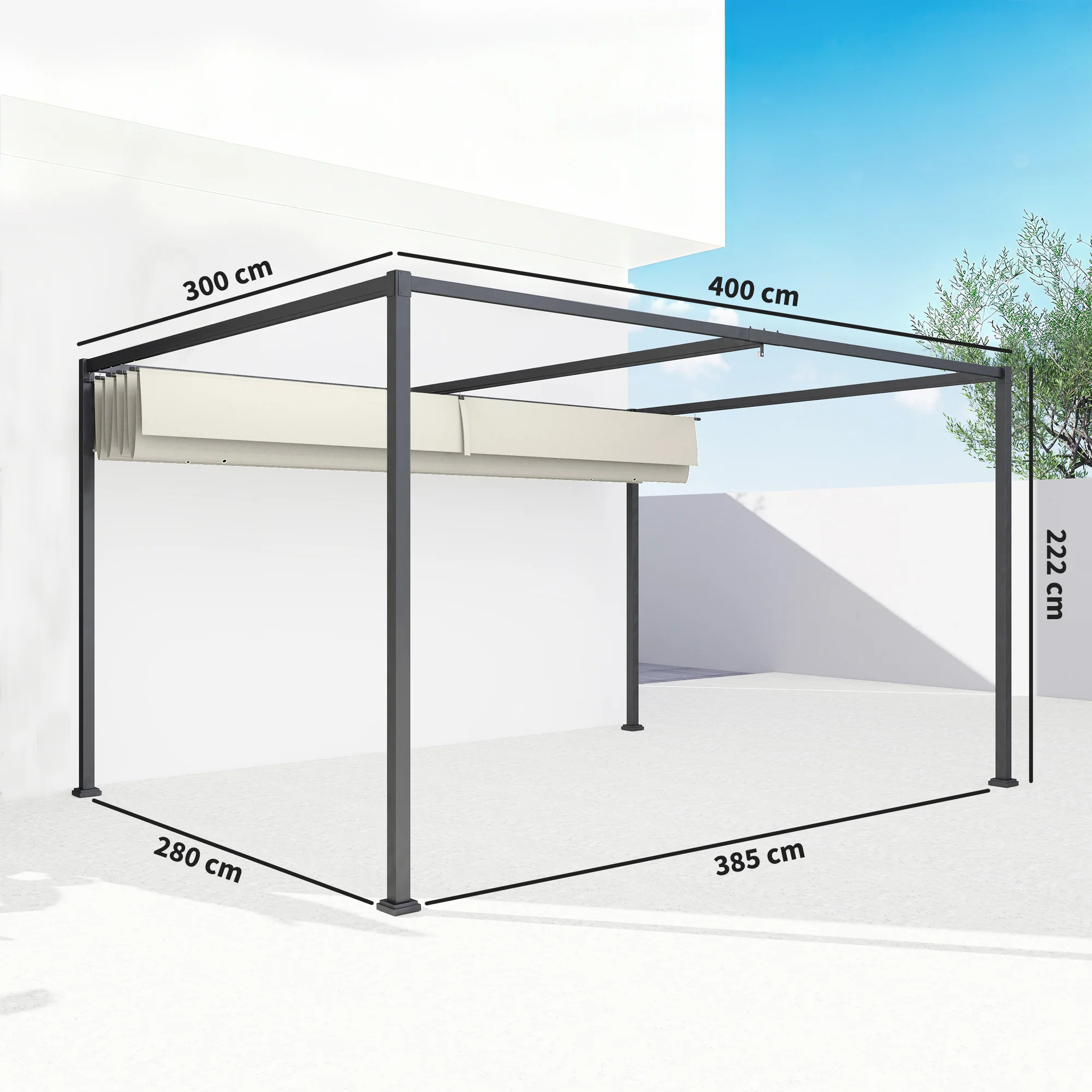 Outsunny Metal Pergola Gazebo Patio Sunshelter Retractable Canopy Cream - Image 14