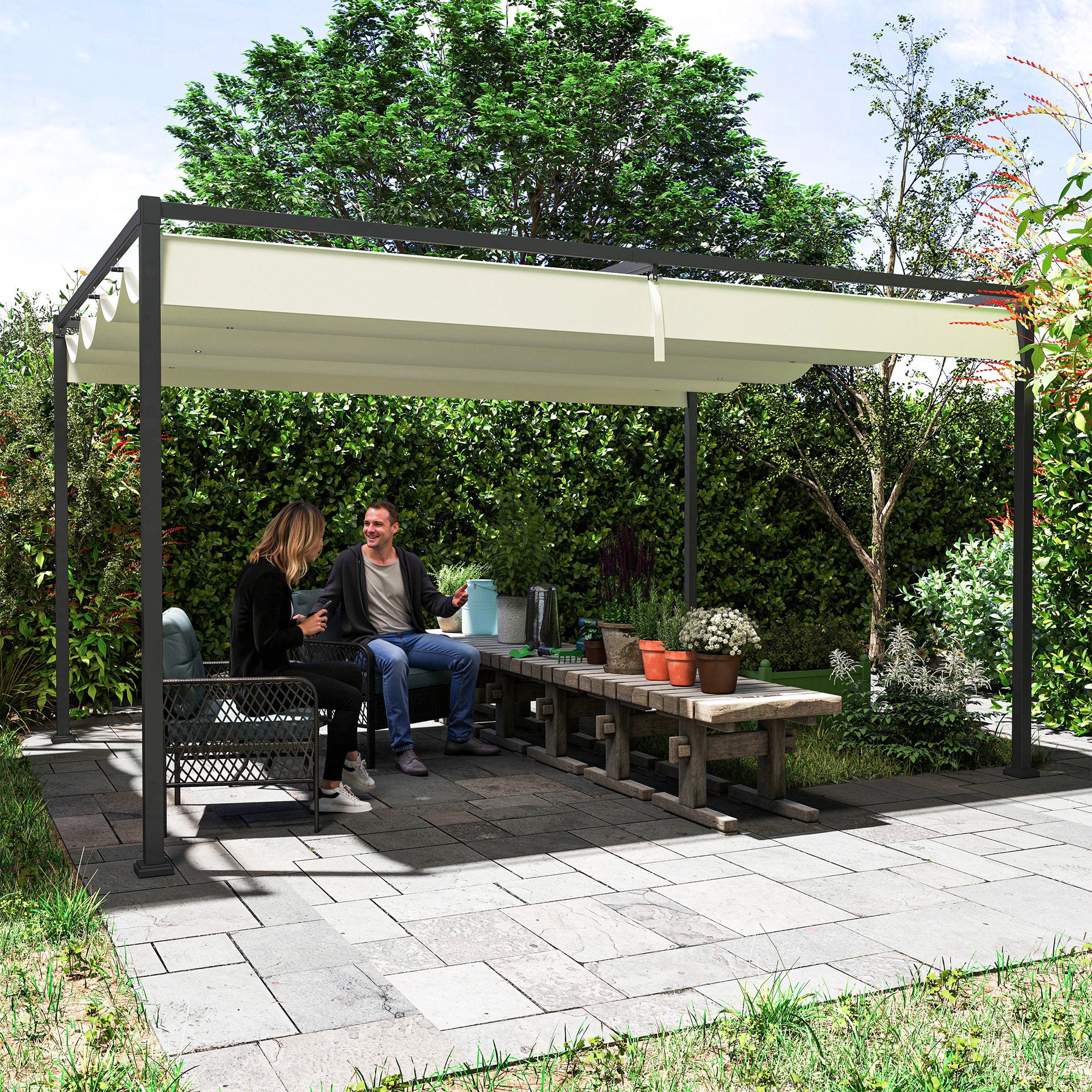 Outsunny Metal Pergola Gazebo Patio Sunshelter Retractable Canopy Cream - Image 16