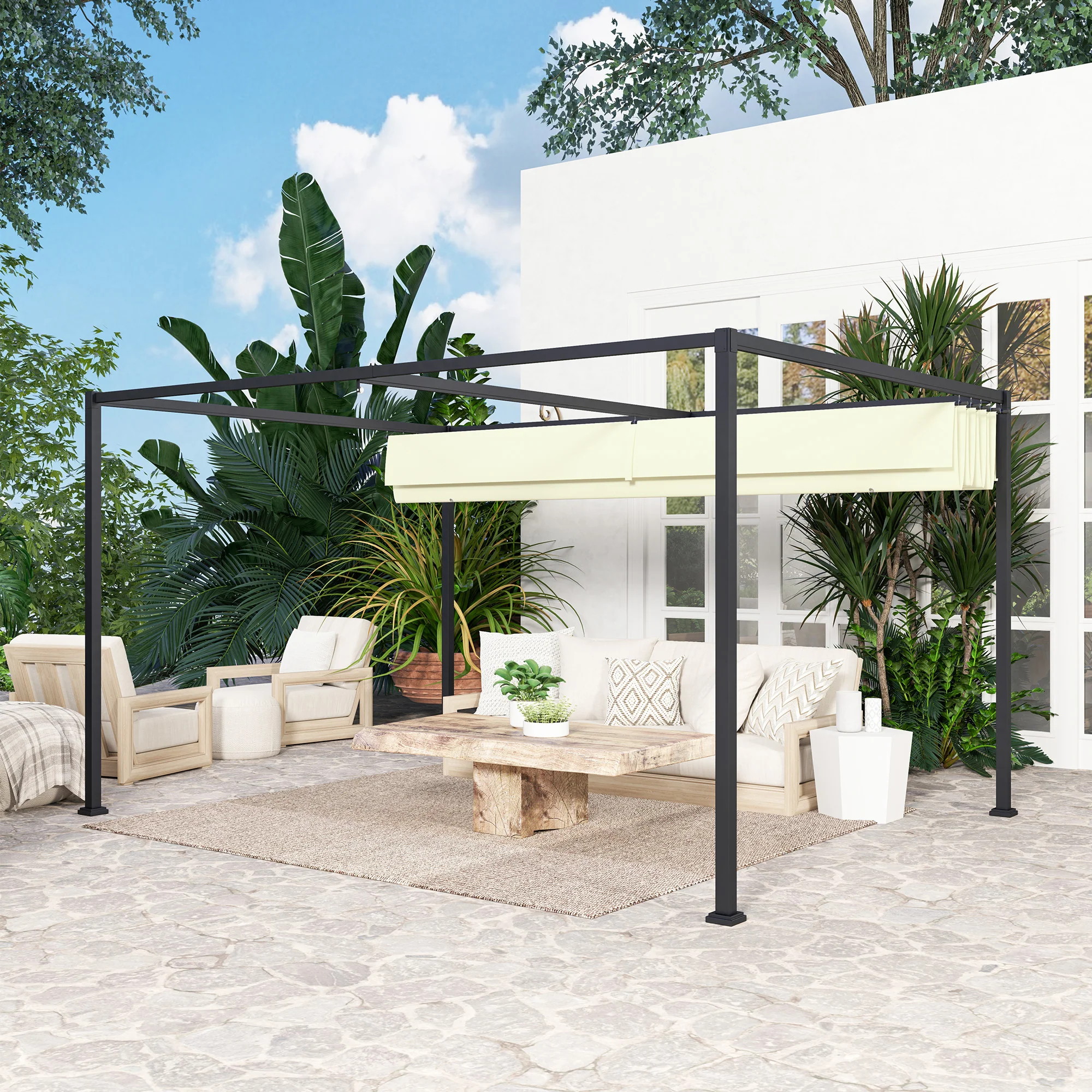 Outsunny Metal Pergola Gazebo Patio Sunshelter Retractable Canopy Cream - Image 17