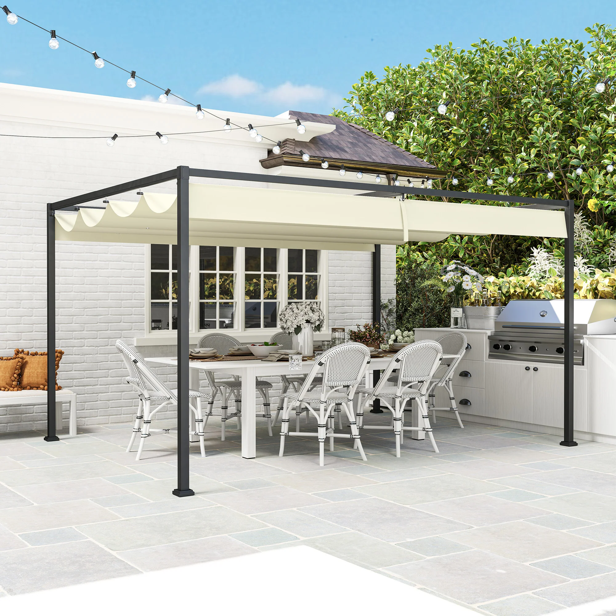 Outsunny Metal Pergola Gazebo Patio Sunshelter Retractable Canopy Cream - Image 18