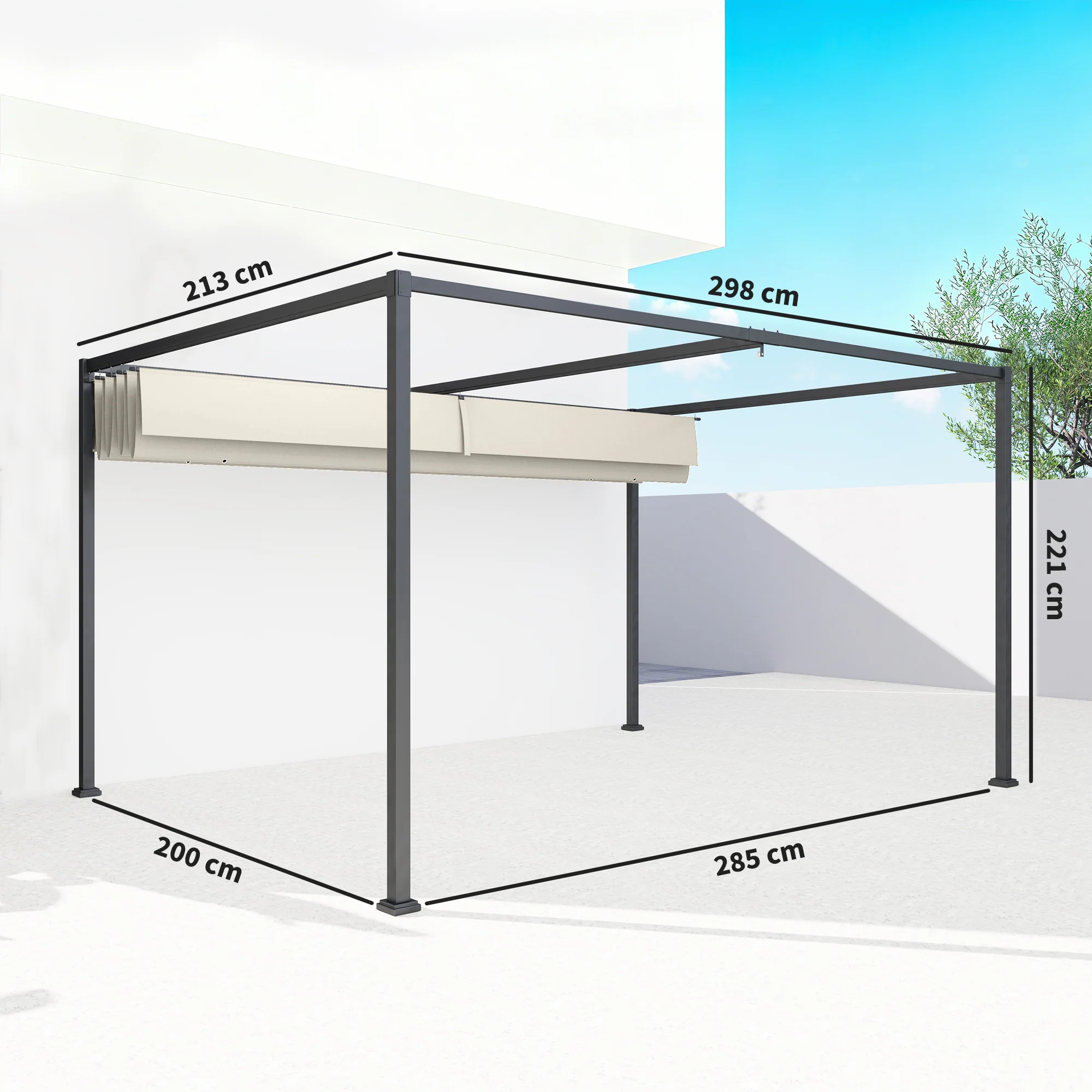 Outsunny Metal Pergola Gazebo Patio Sunshelter Retractable Canopy Cream - Image 5