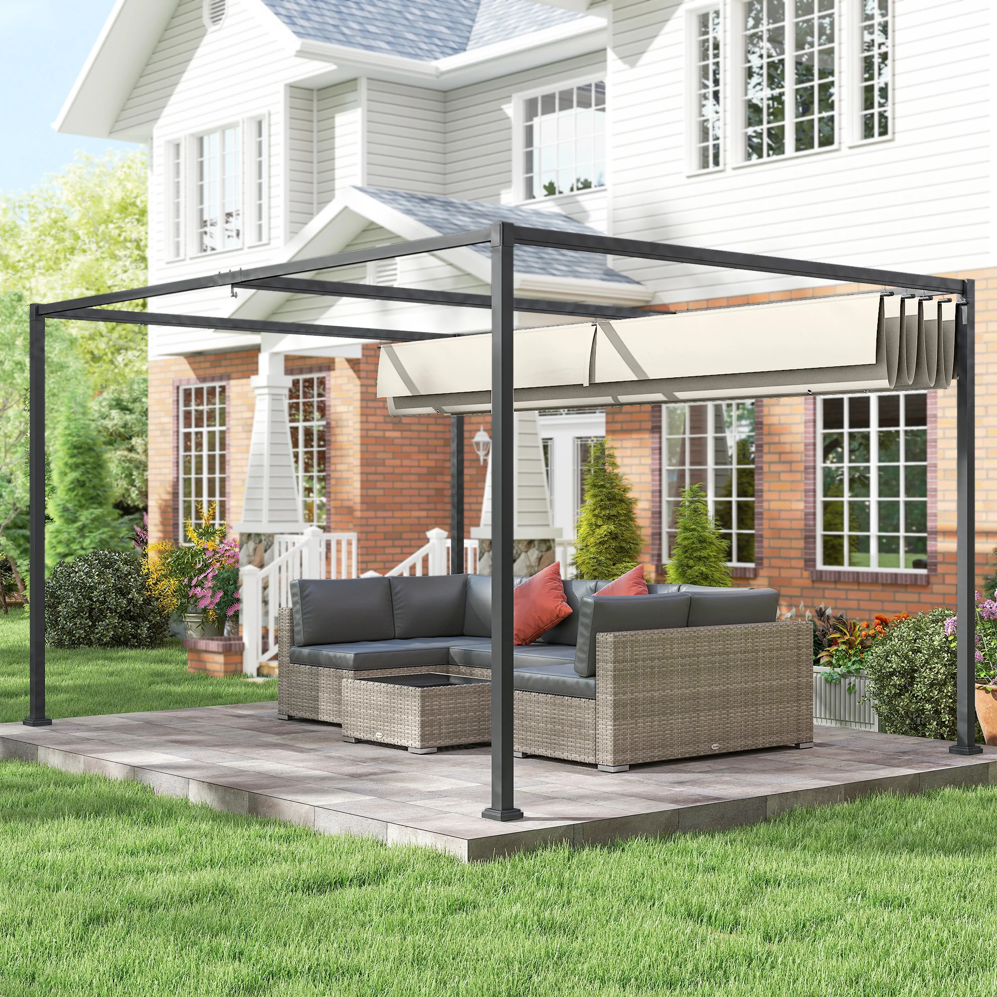 Outsunny Metal Pergola Gazebo Patio Sunshelter Retractable Canopy Cream - Image 8