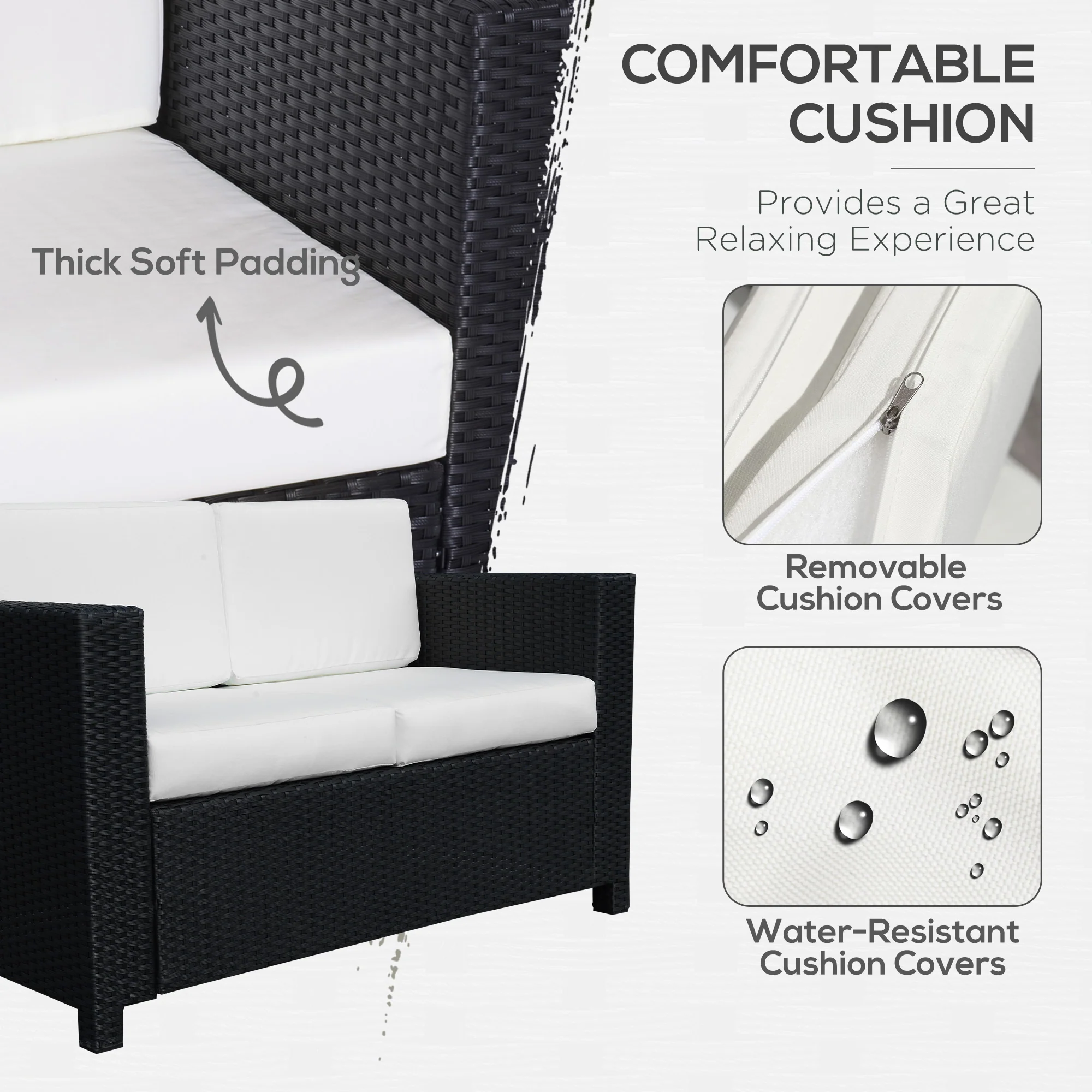 Outsunny Rattan Wicker 2-seat Sofa Loveseat Padded Garden Furniture Black - Image 4