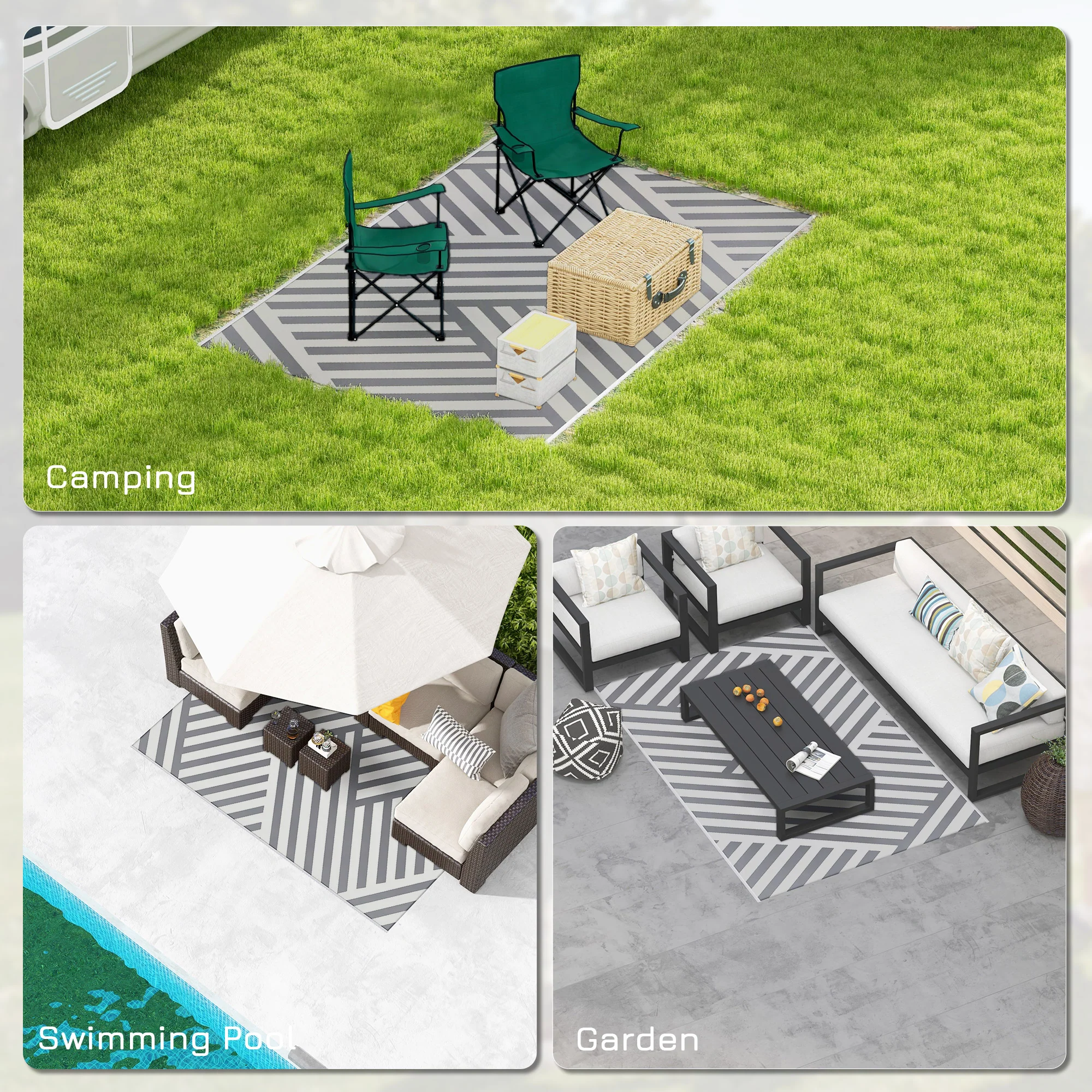 Outsunny Reversible Waterproof Outdoor Rug W/ Carry Bag, 182 x 274cm, Grey - Image 4