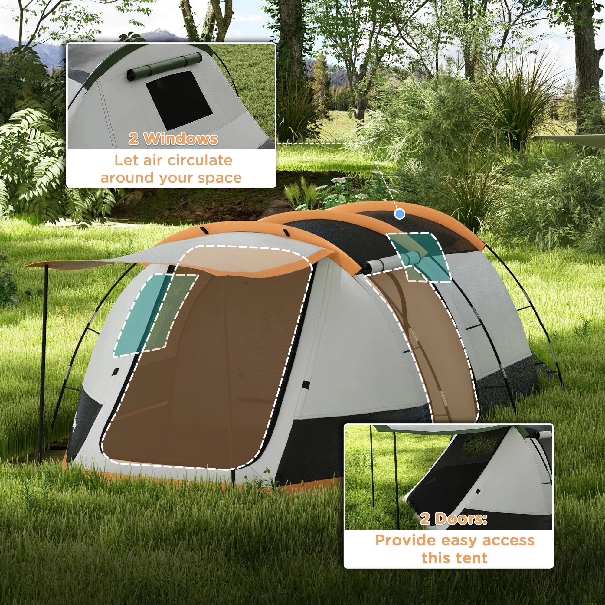 Outsunny Tunnel Tent with Bedroom, Living Room and Porch for 3-4 Man, Orange - Image 4