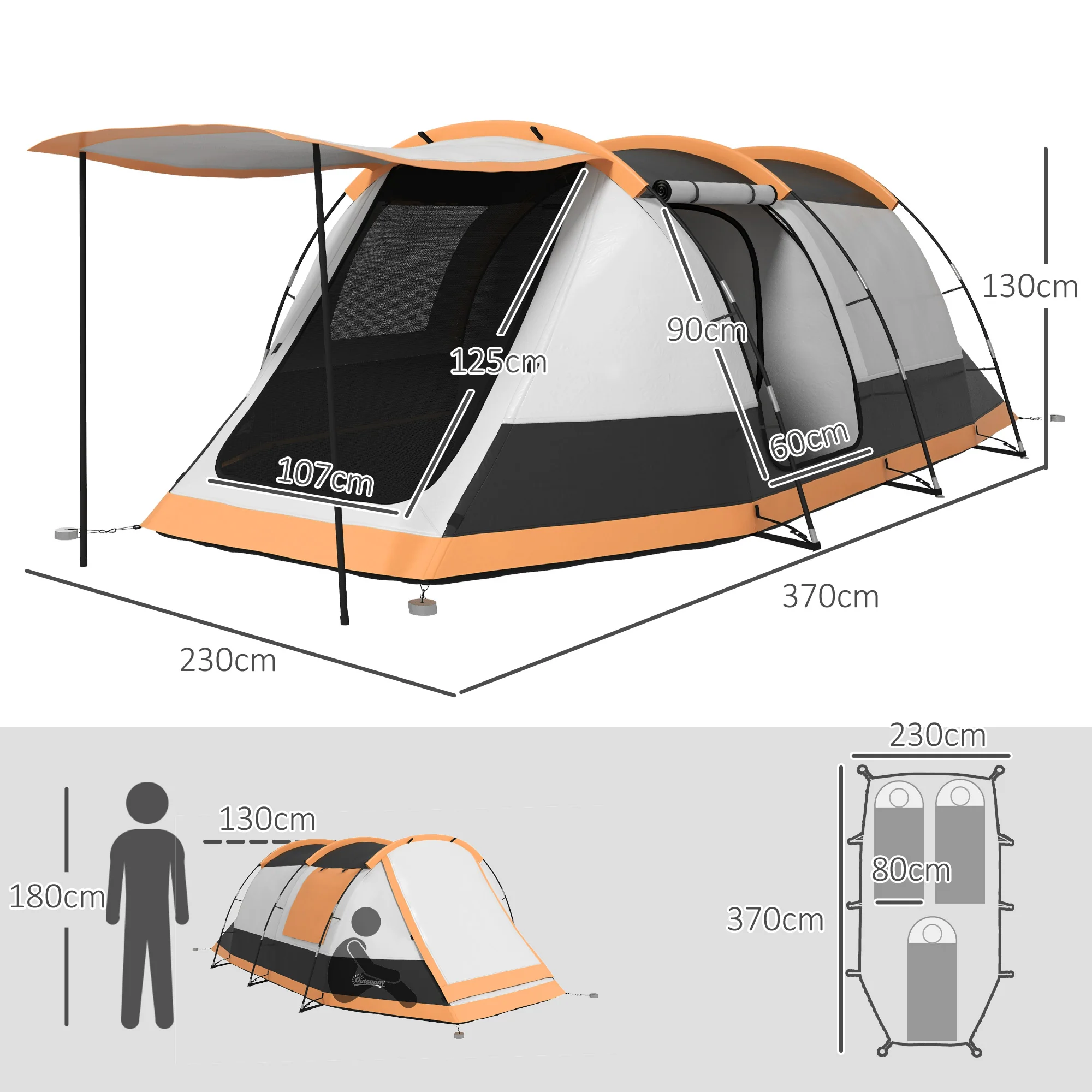 Outsunny Tunnel Tent with Bedroom, Living Room and Porch for 3-4 Man, Orange - Image 5