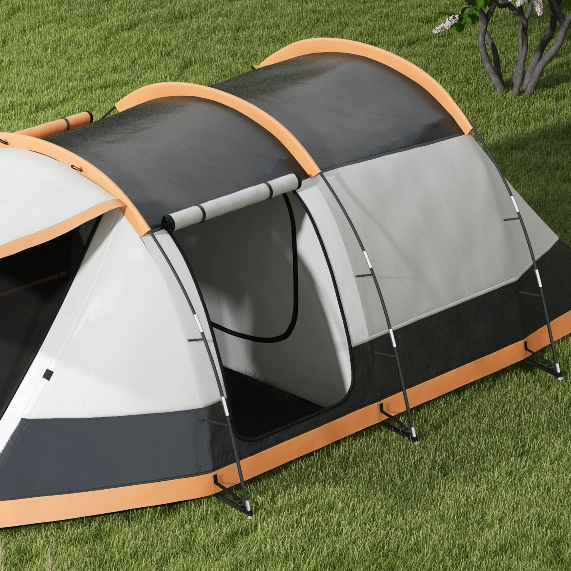 Outsunny Tunnel Tent with Bedroom, Living Room and Porch for 3-4 Man, Orange - Image 8
