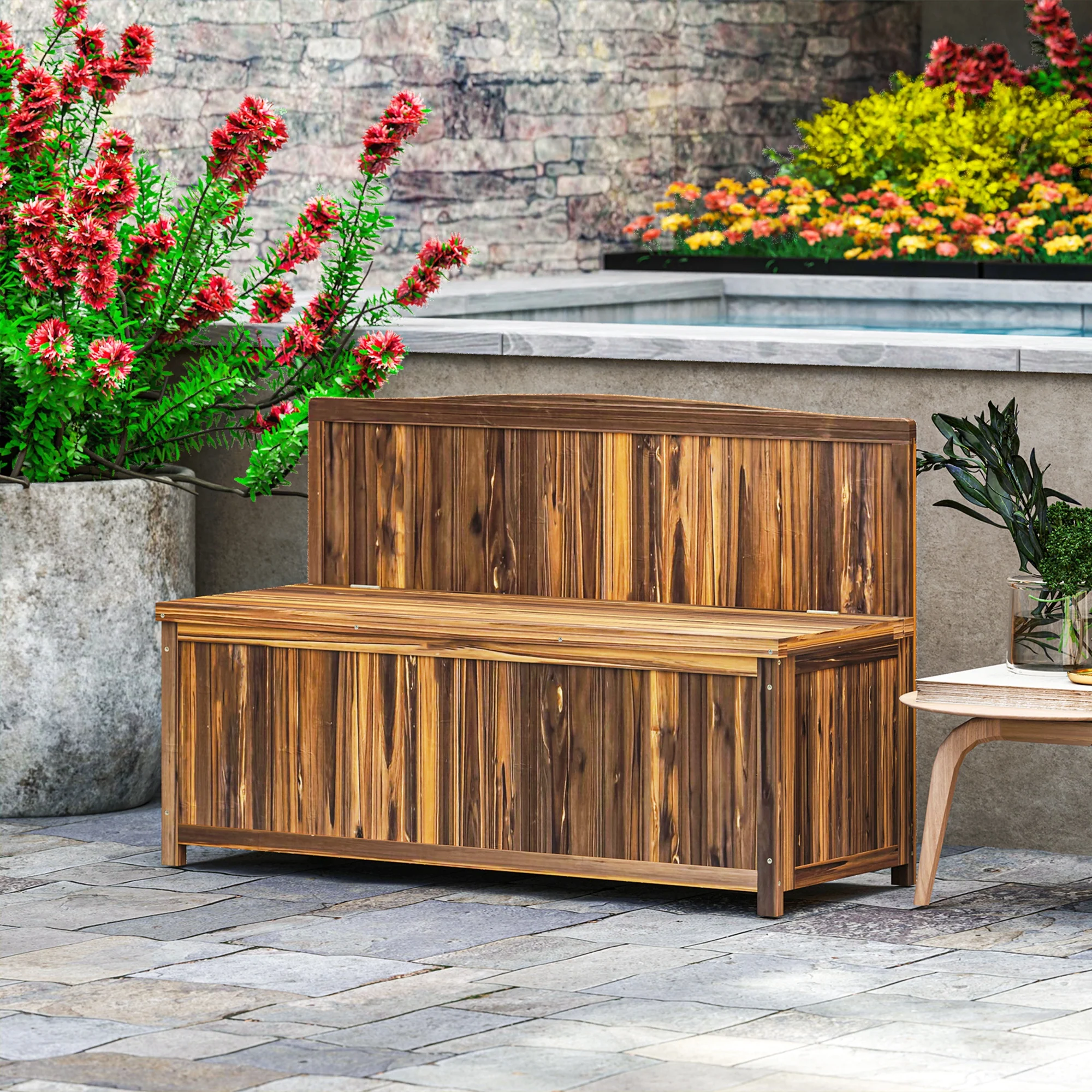 Outsunny Wood Storage Bench for Patio, Outdoor Garden Seating, Brown - Image 11