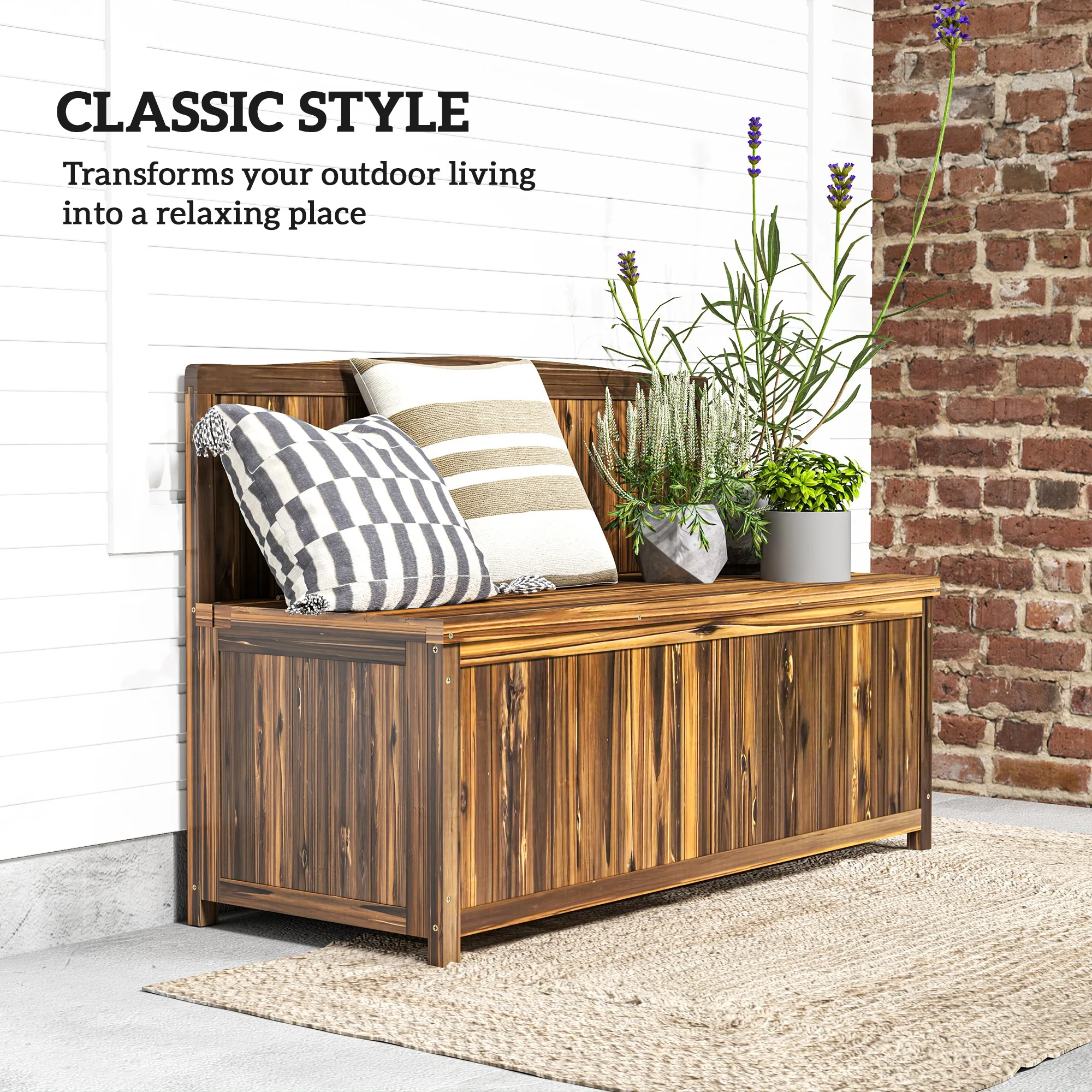 Outsunny Wood Storage Bench for Patio, Outdoor Garden Seating, Brown - Image 16