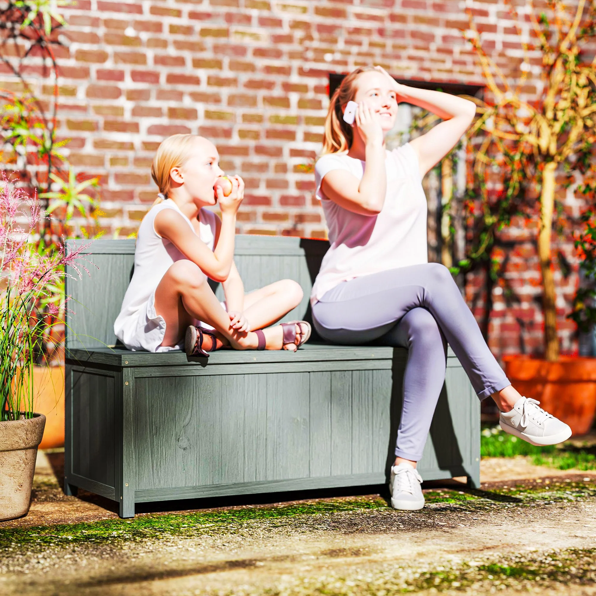 Outsunny Wood Storage Bench for Patio, Outdoor Garden Seating, Brown - Image 8