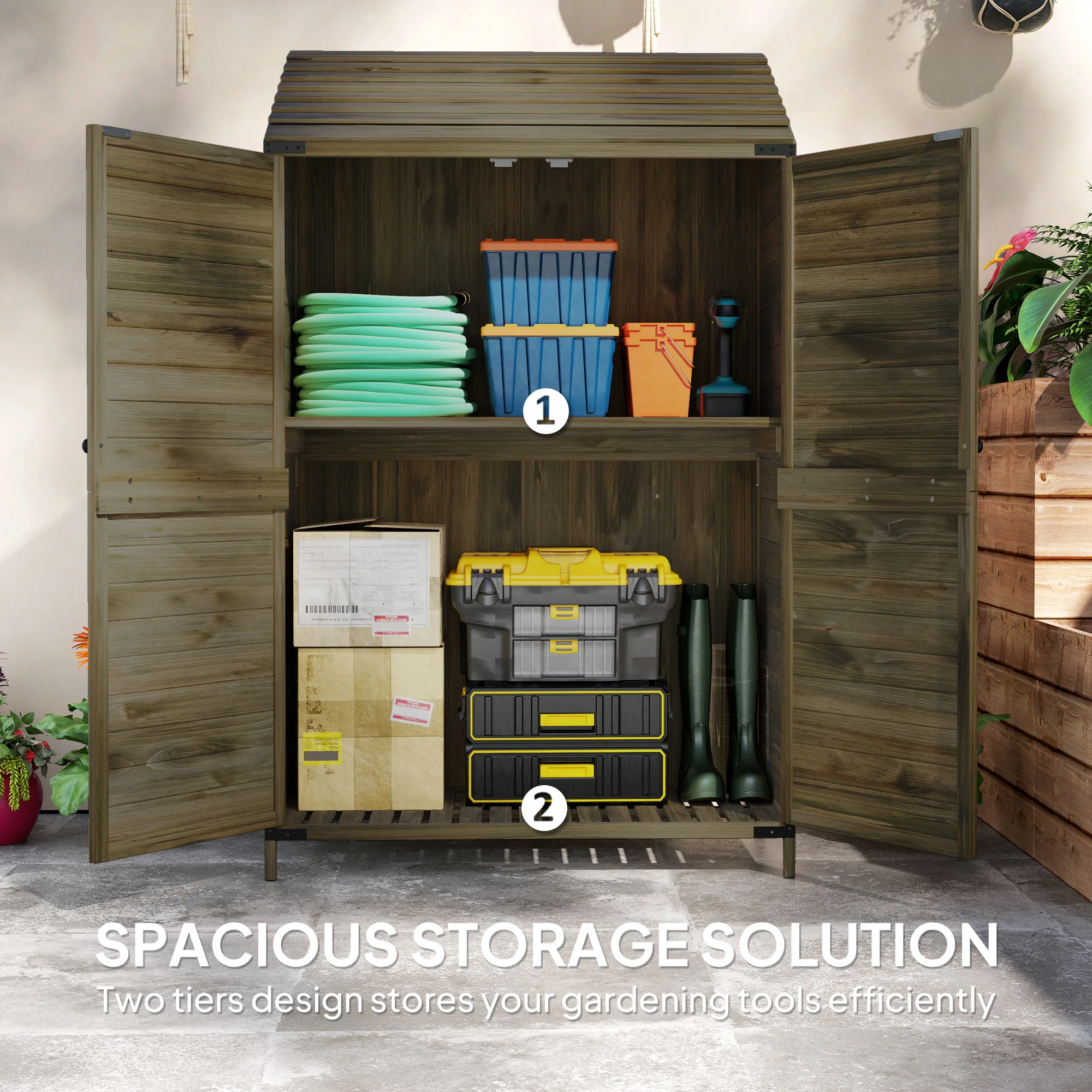 Outsunny Wooden Garden Storage Shed W/Double Doors And Shelves, Green - Image 3