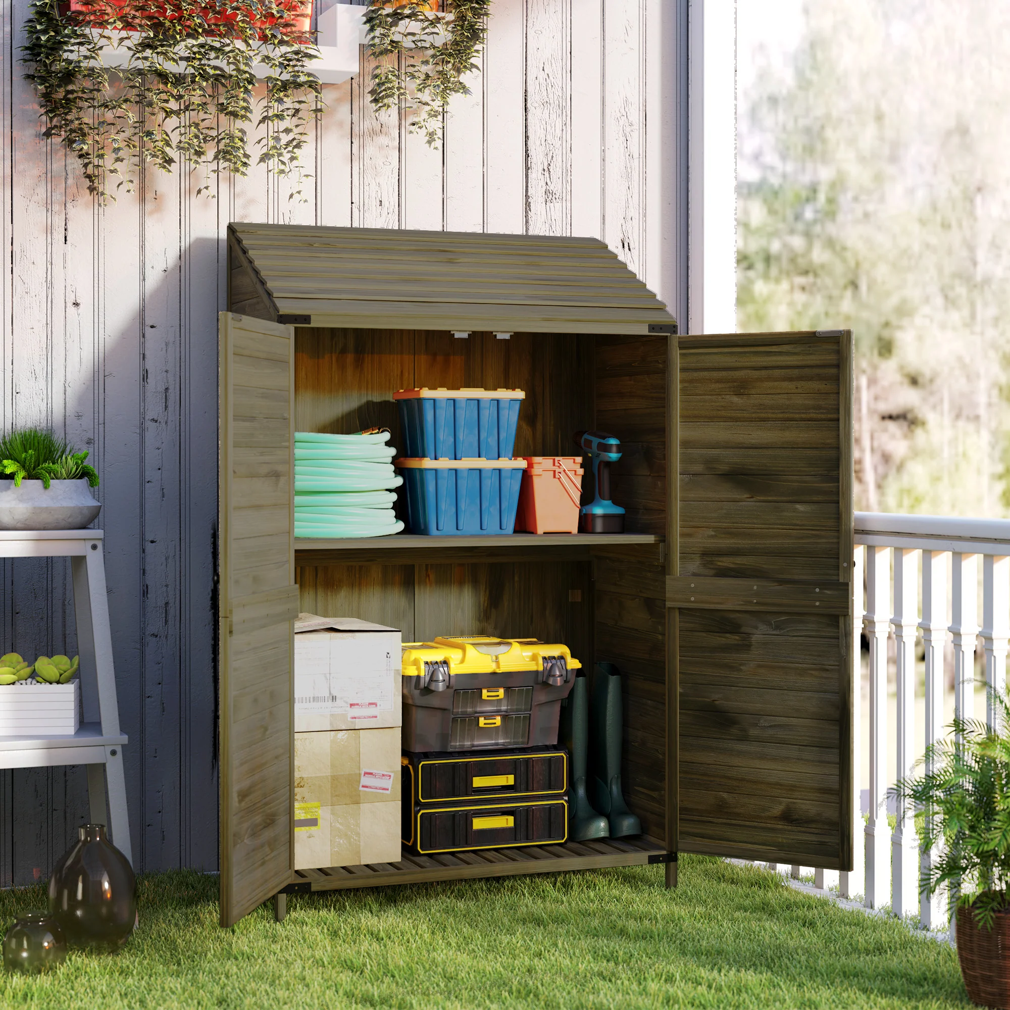 Outsunny Wooden Garden Storage Shed W/Double Doors And Shelves, Green - Image 8