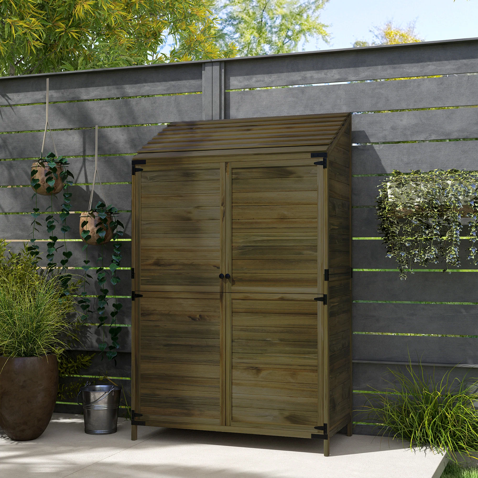 Outsunny Wooden Garden Storage Shed W/Double Doors And Shelves, Green - Image 9