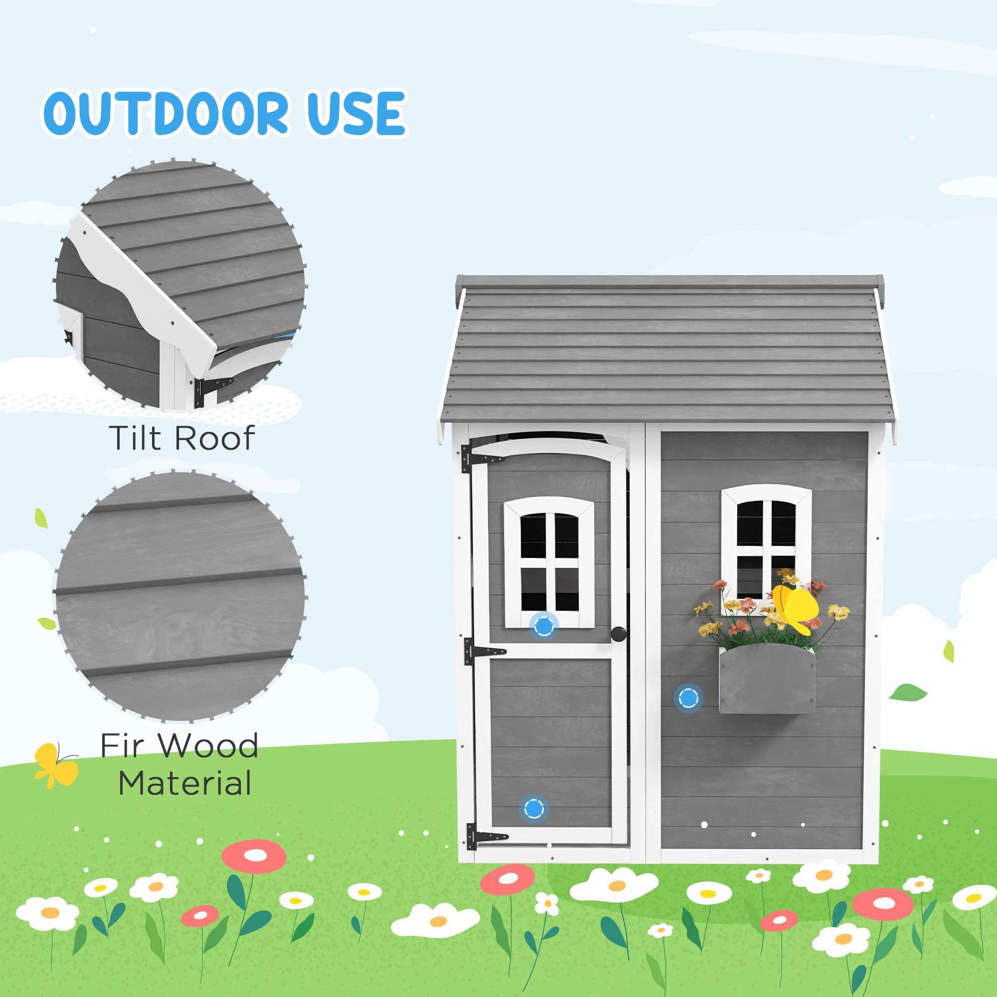 Outsunny Wooden Wendy House for Kids with Floor, for Gardens, Patios - Grey - Image 4