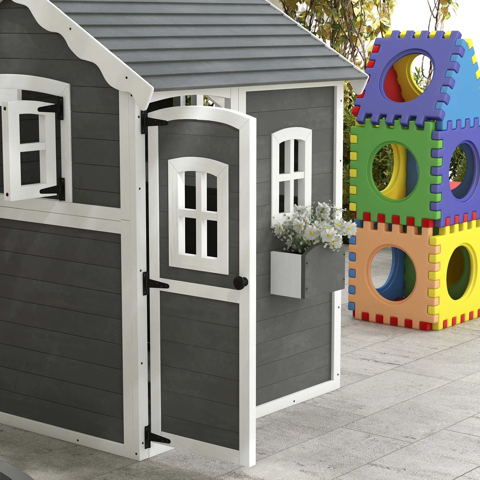 Outsunny Wooden Wendy House for Kids with Floor, for Gardens, Patios - Grey - Image 8
