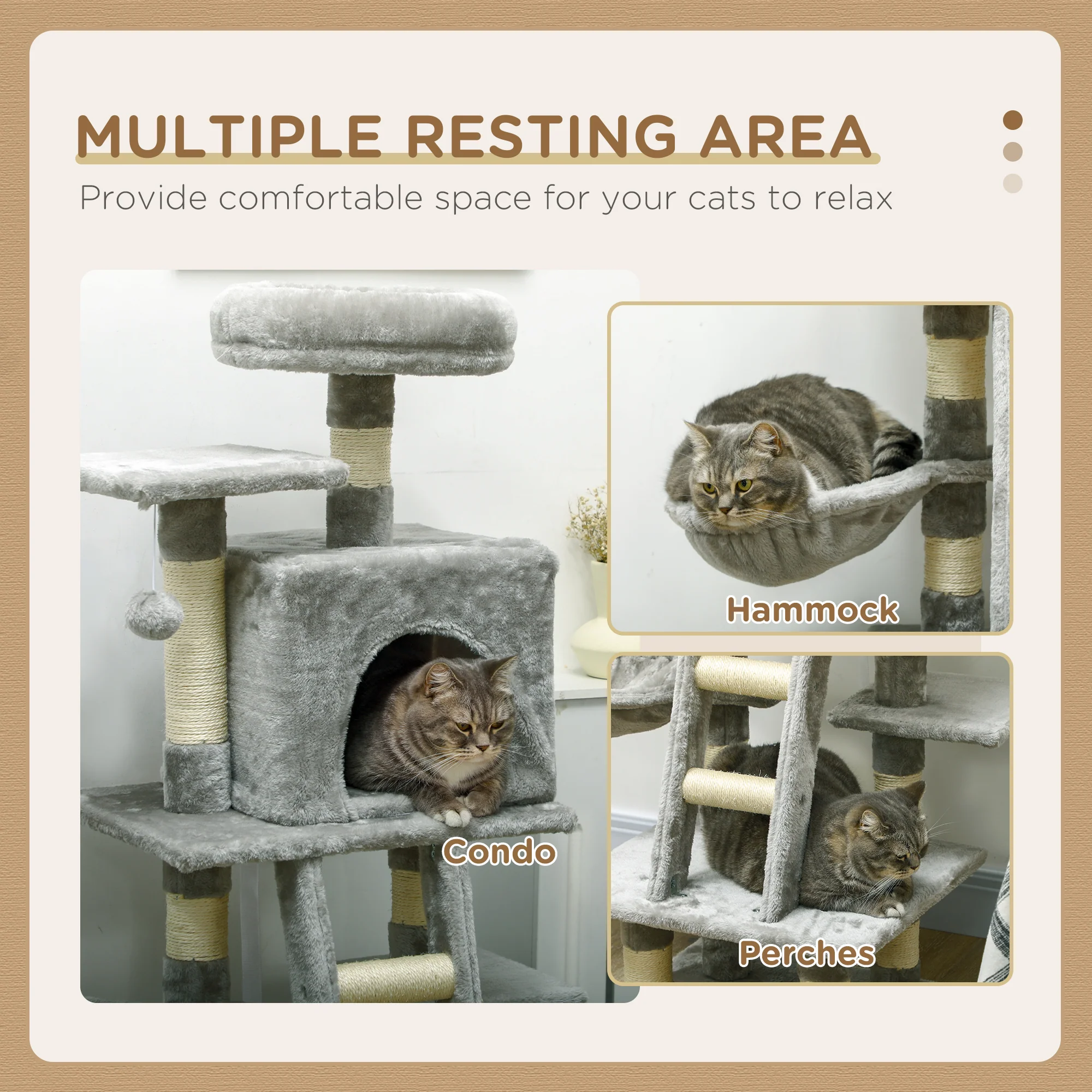 PawHut 132cm Multi-Activity Cat Tree W/ House, Bed, Ladder, Scratch Post - Grey - Image 3