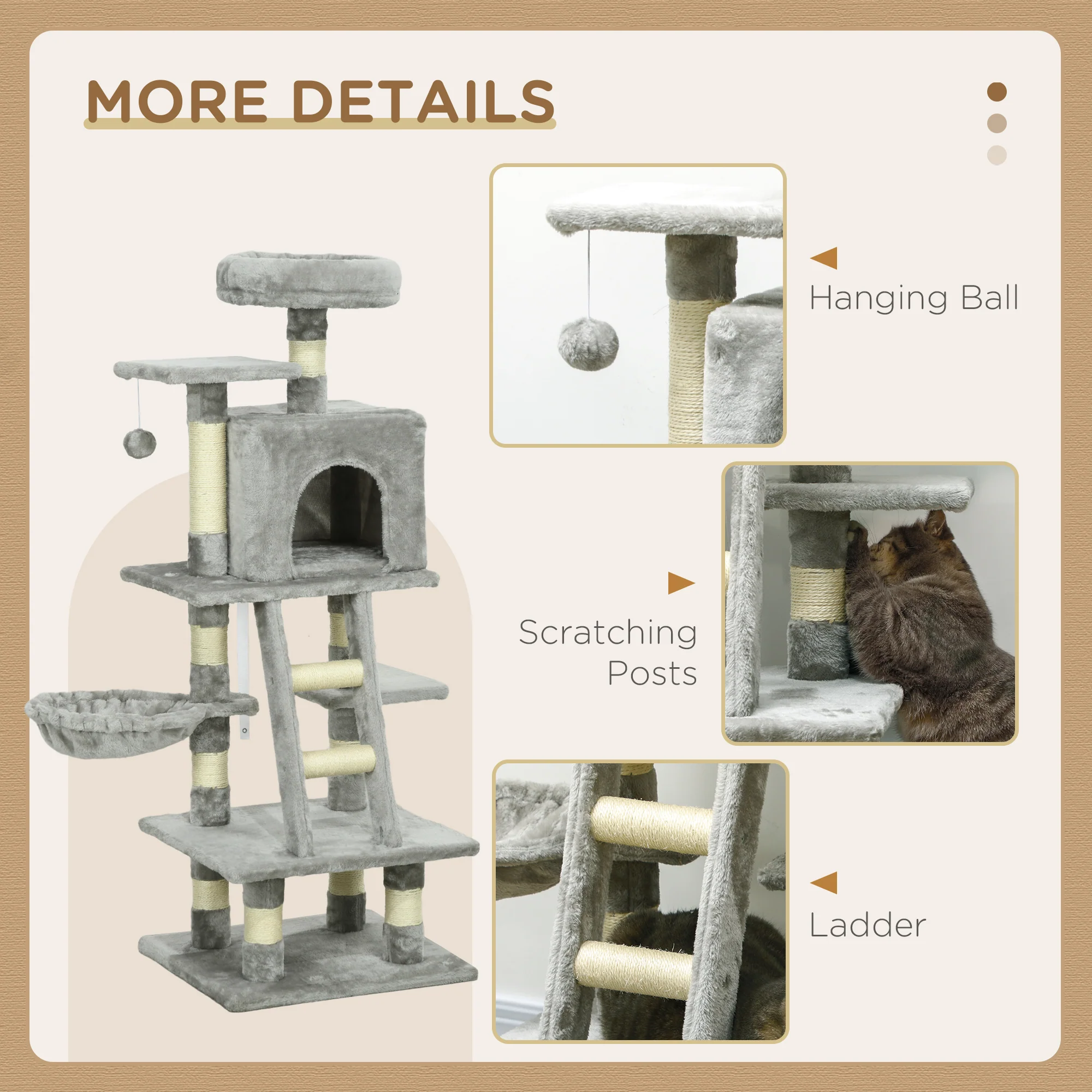 PawHut 132cm Multi-Activity Cat Tree W/ House, Bed, Ladder, Scratch Post - Grey - Image 4