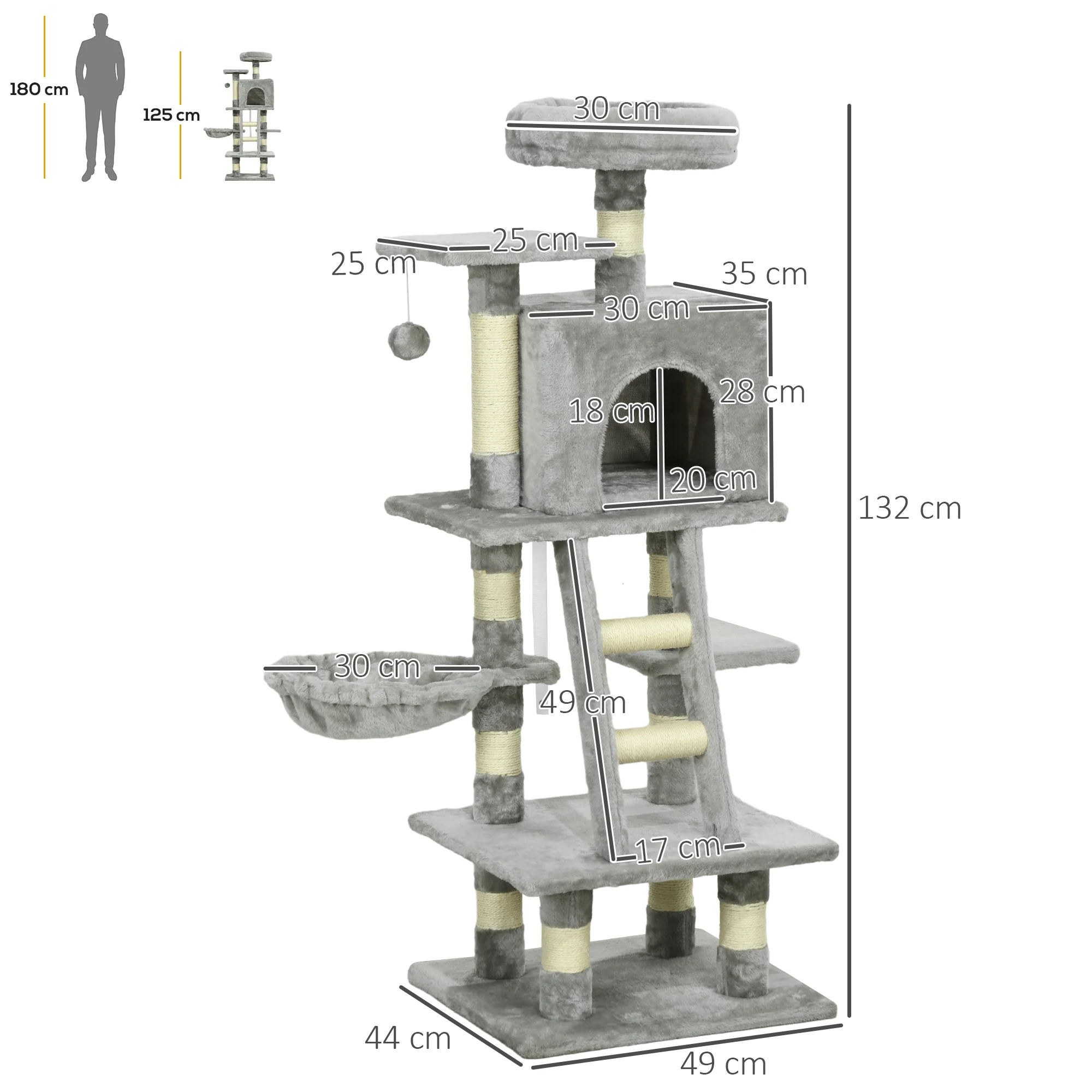 PawHut 132cm Multi-Activity Cat Tree W/ House, Bed, Ladder, Scratch Post - Grey - Image 5
