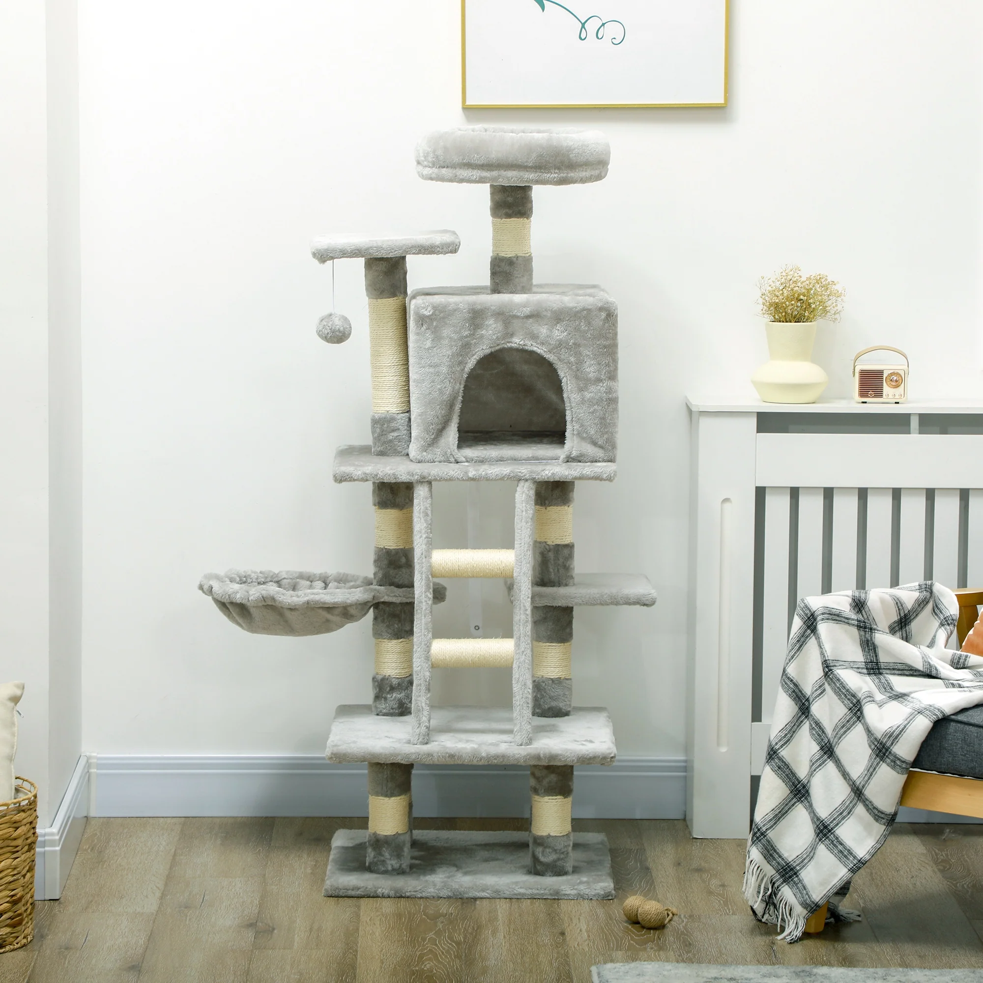 PawHut 132cm Multi-Activity Cat Tree W/ House, Bed, Ladder, Scratch Post - Grey - Image 8