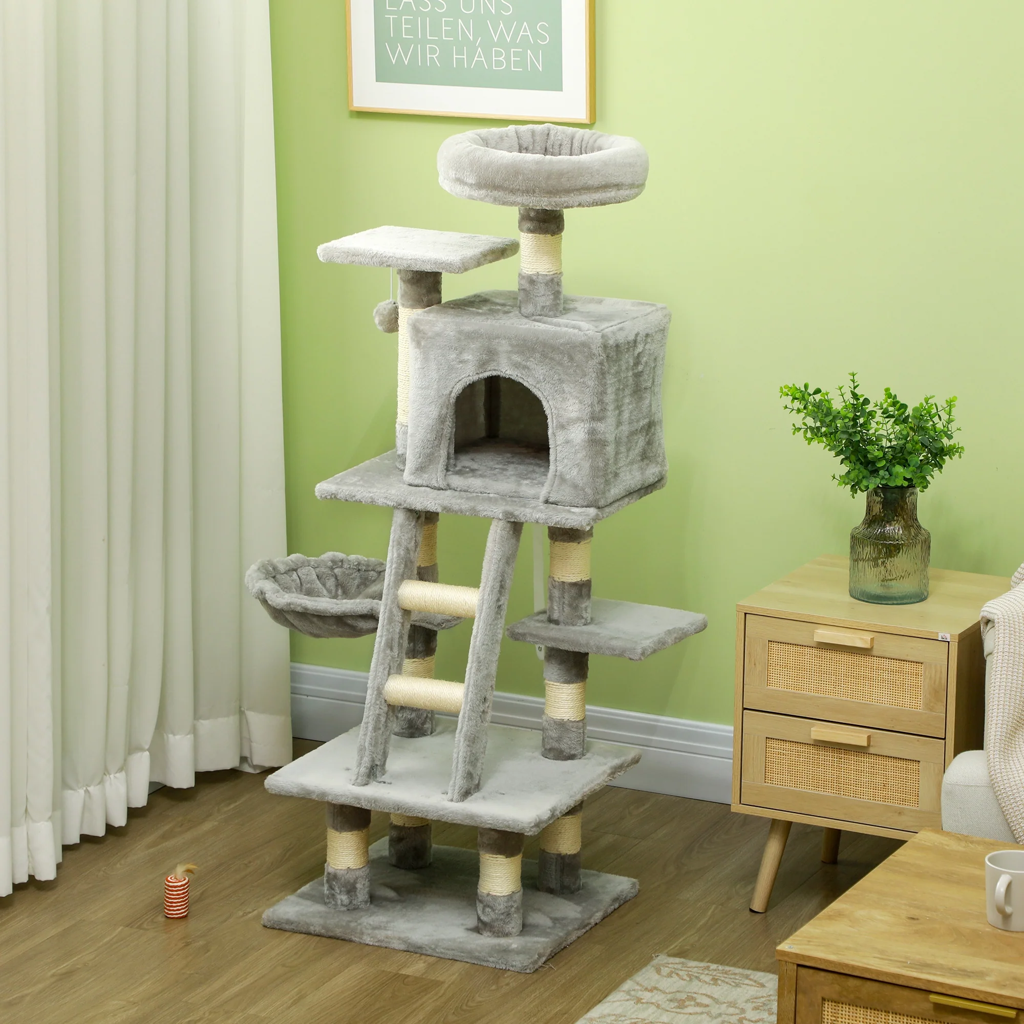 PawHut 132cm Multi-Activity Cat Tree W/ House, Bed, Ladder, Scratch Post - Grey - Image 9