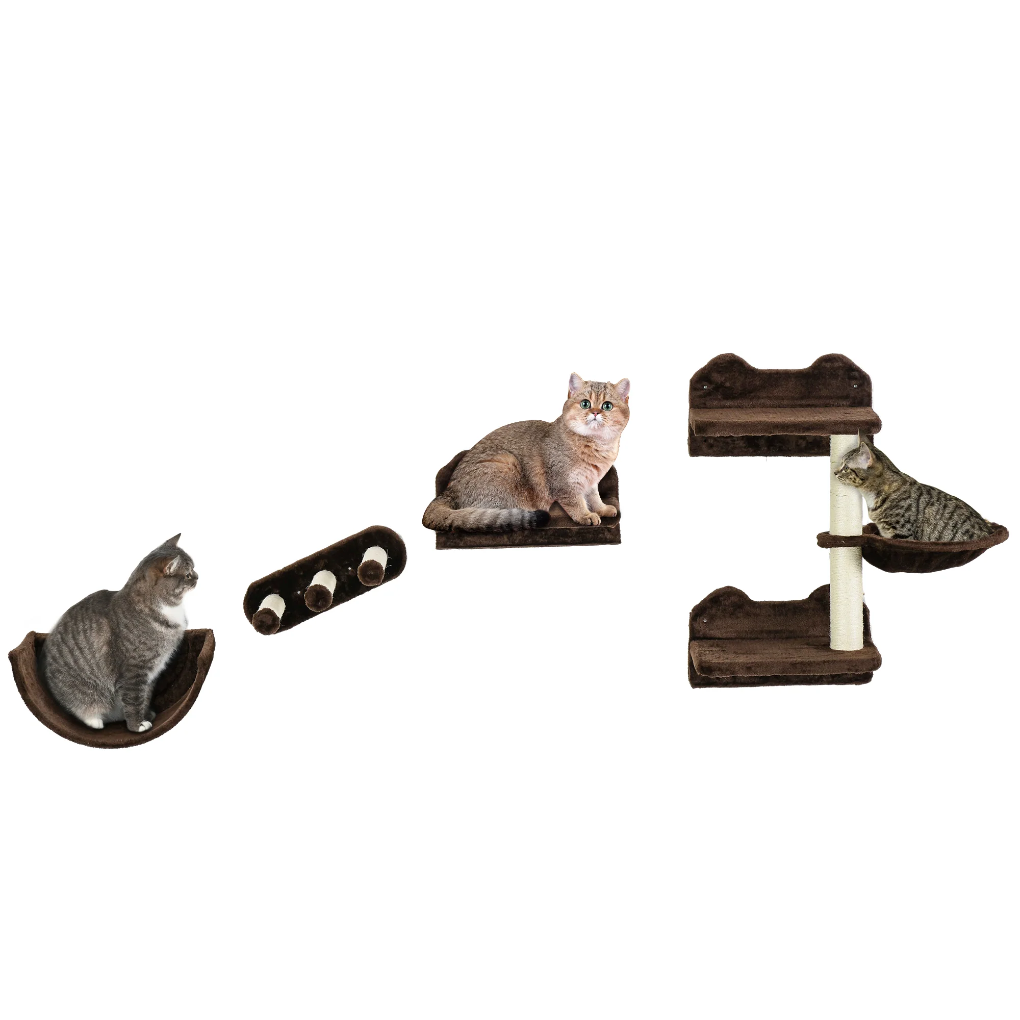 PawHut 4PCs Wall Mounted Cat Tree Cat Wall Shelves W/ Scratching Post - Dark Grey/Brown - Image 10