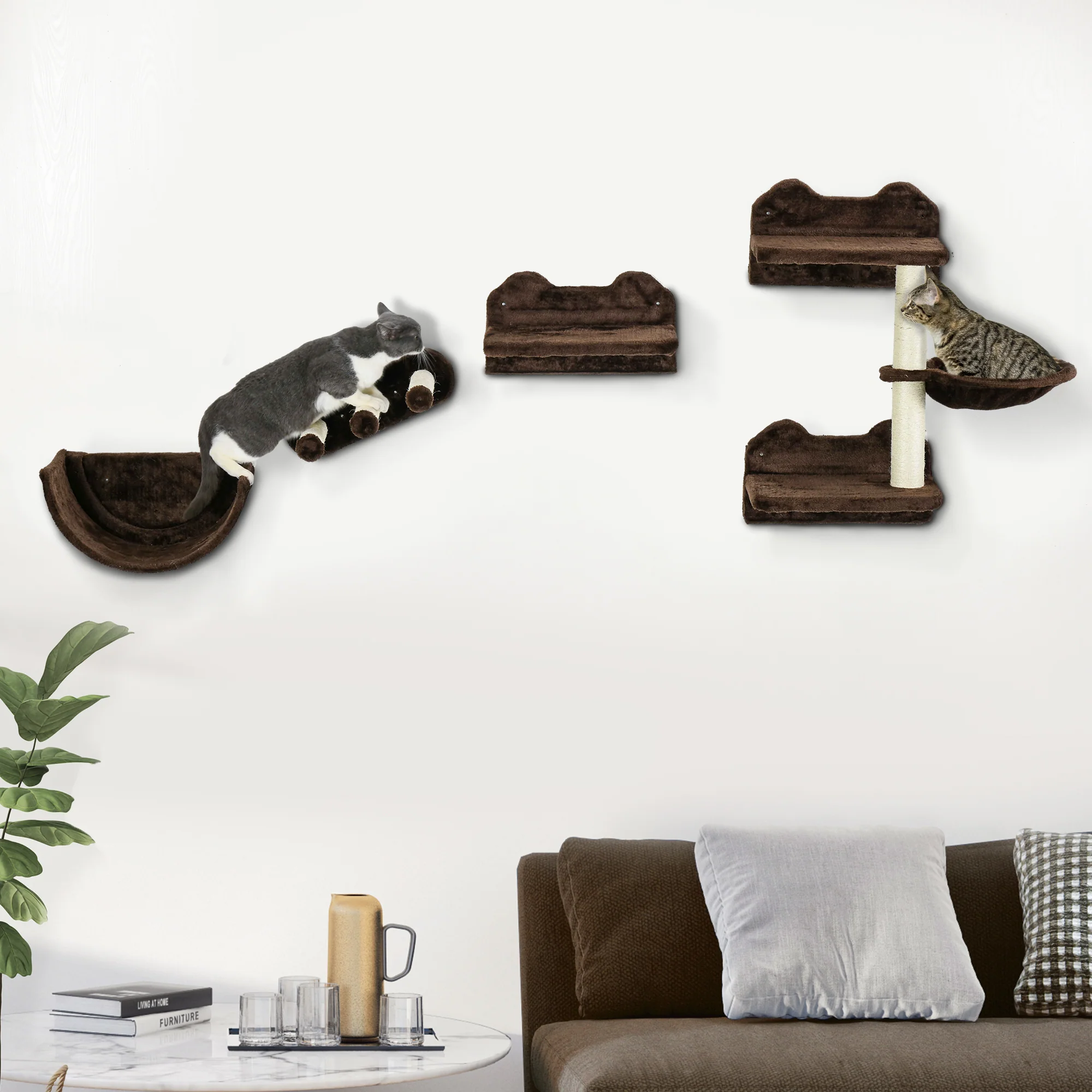 PawHut 4PCs Wall Mounted Cat Tree Cat Wall Shelves W/ Scratching Post - Dark Grey/Brown - Image 11