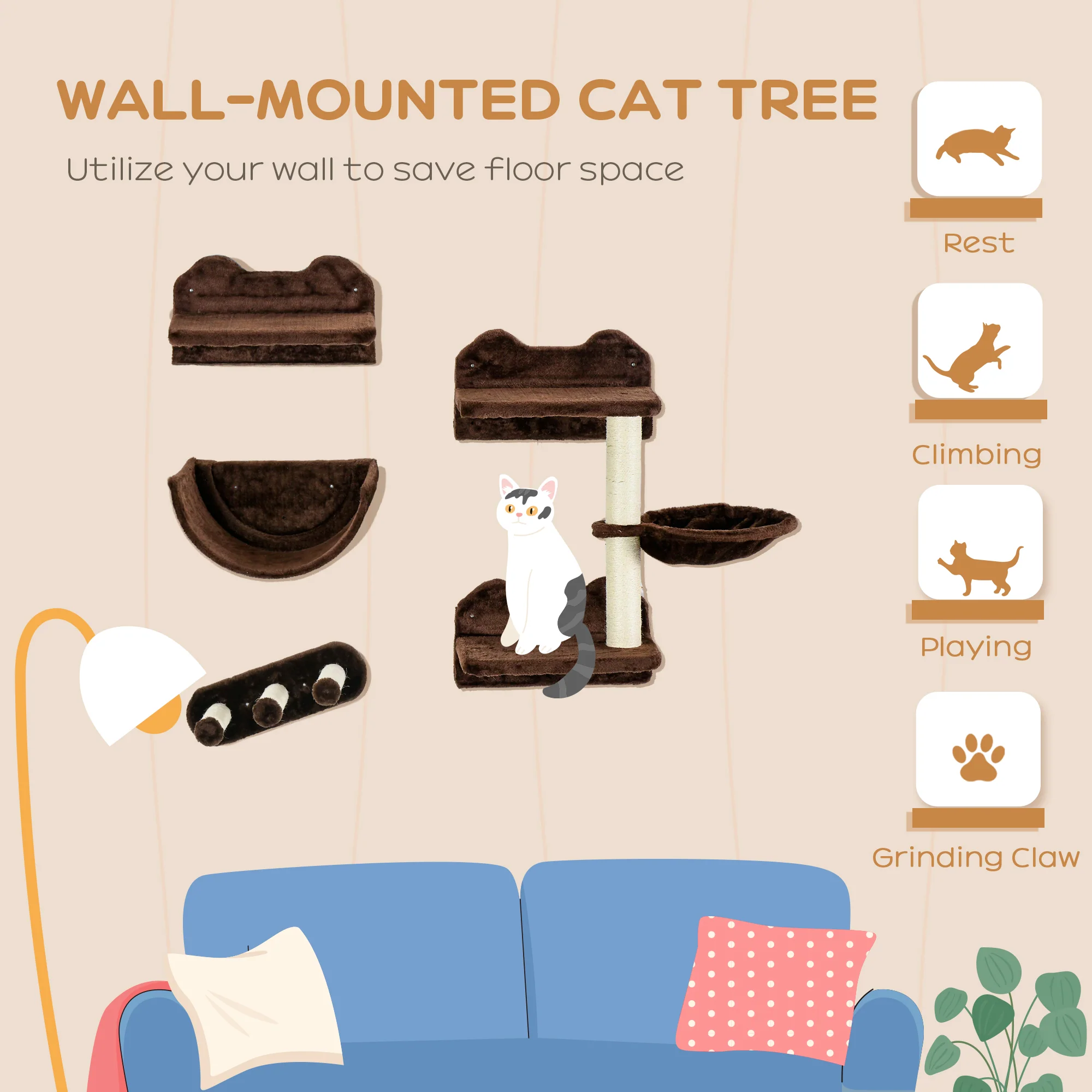 PawHut 4PCs Wall Mounted Cat Tree Cat Wall Shelves W/ Scratching Post - Dark Grey/Brown - Image 12