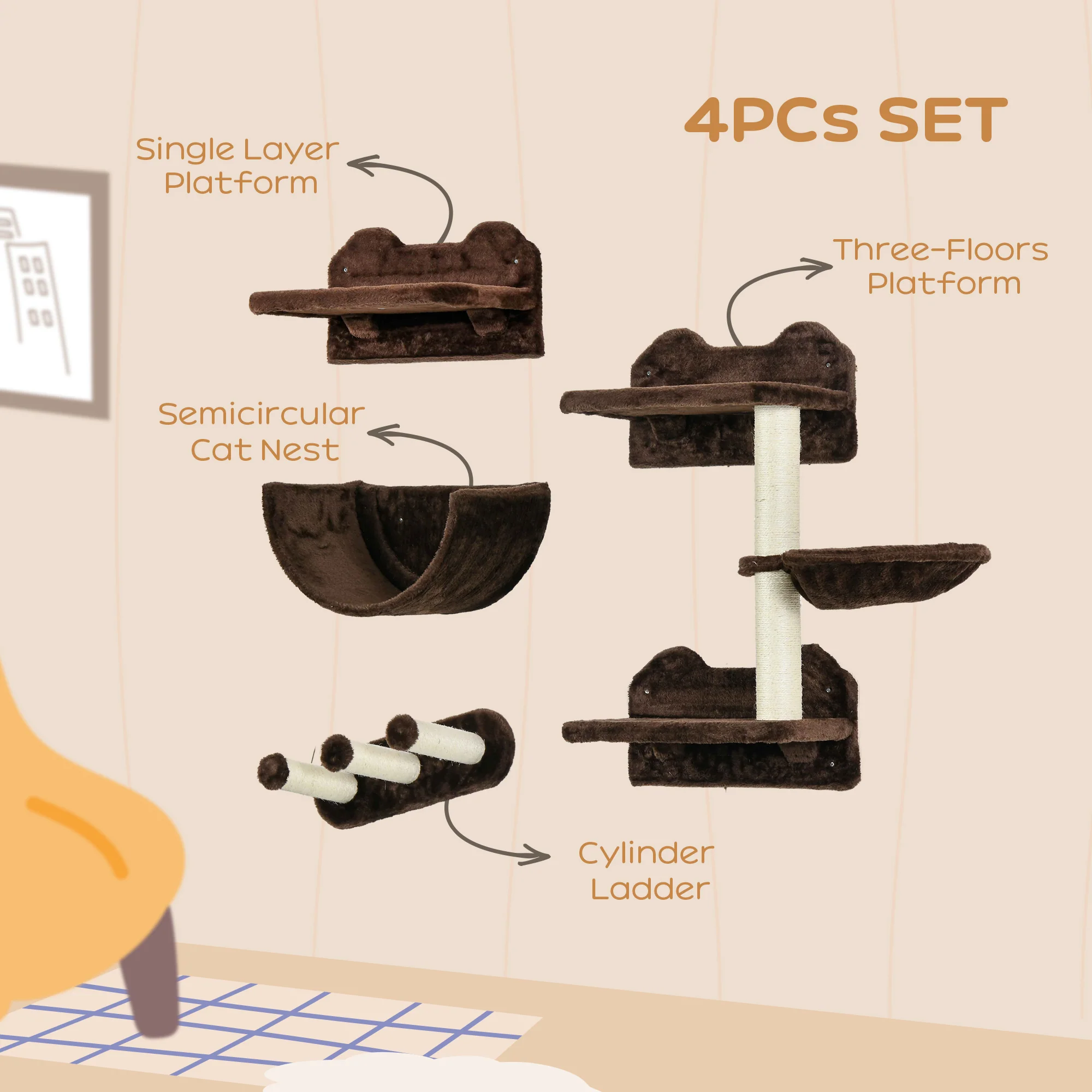 PawHut 4PCs Wall Mounted Cat Tree Cat Wall Shelves W/ Scratching Post - Dark Grey/Brown - Image 13