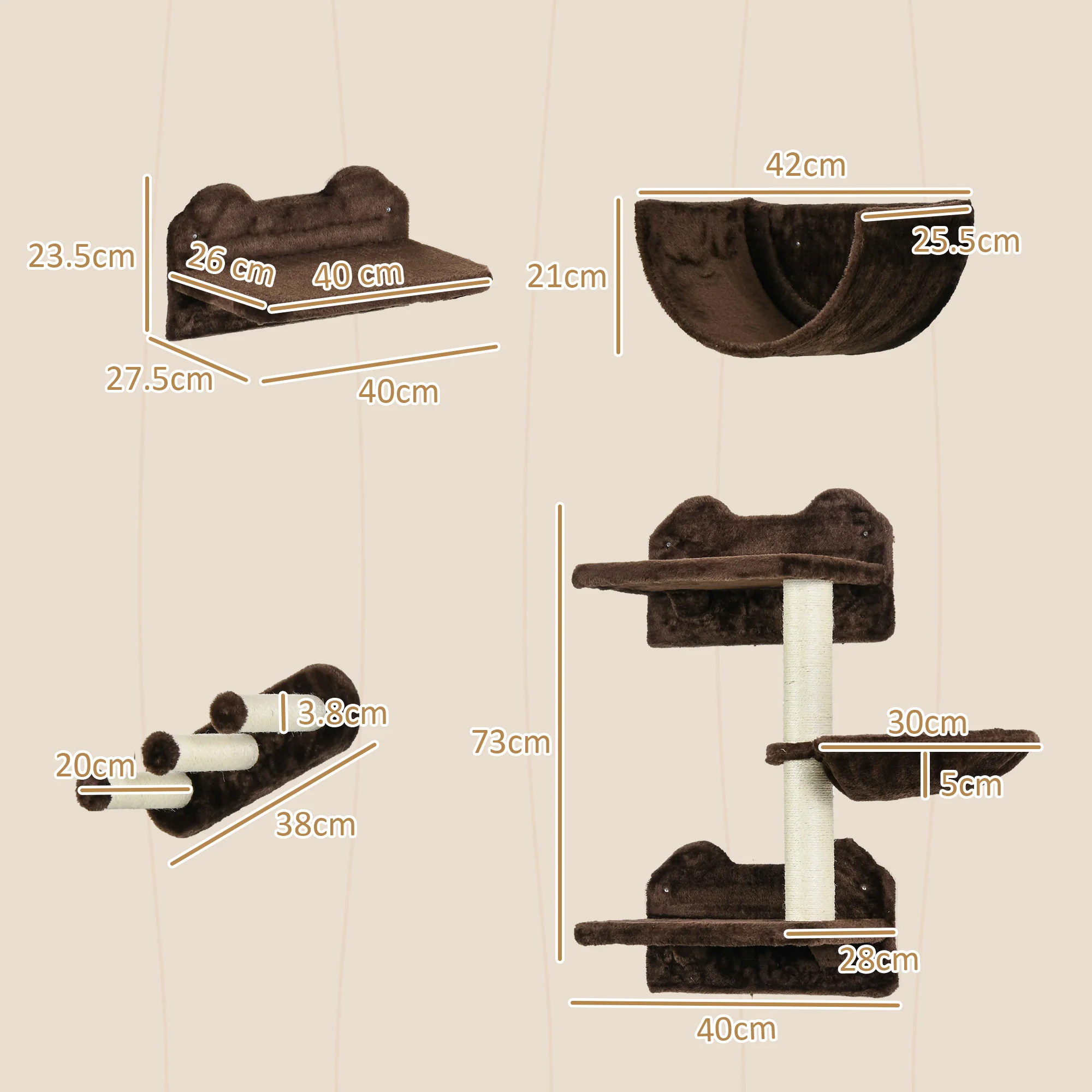 PawHut 4PCs Wall Mounted Cat Tree Cat Wall Shelves W/ Scratching Post - Dark Grey/Brown - Image 14