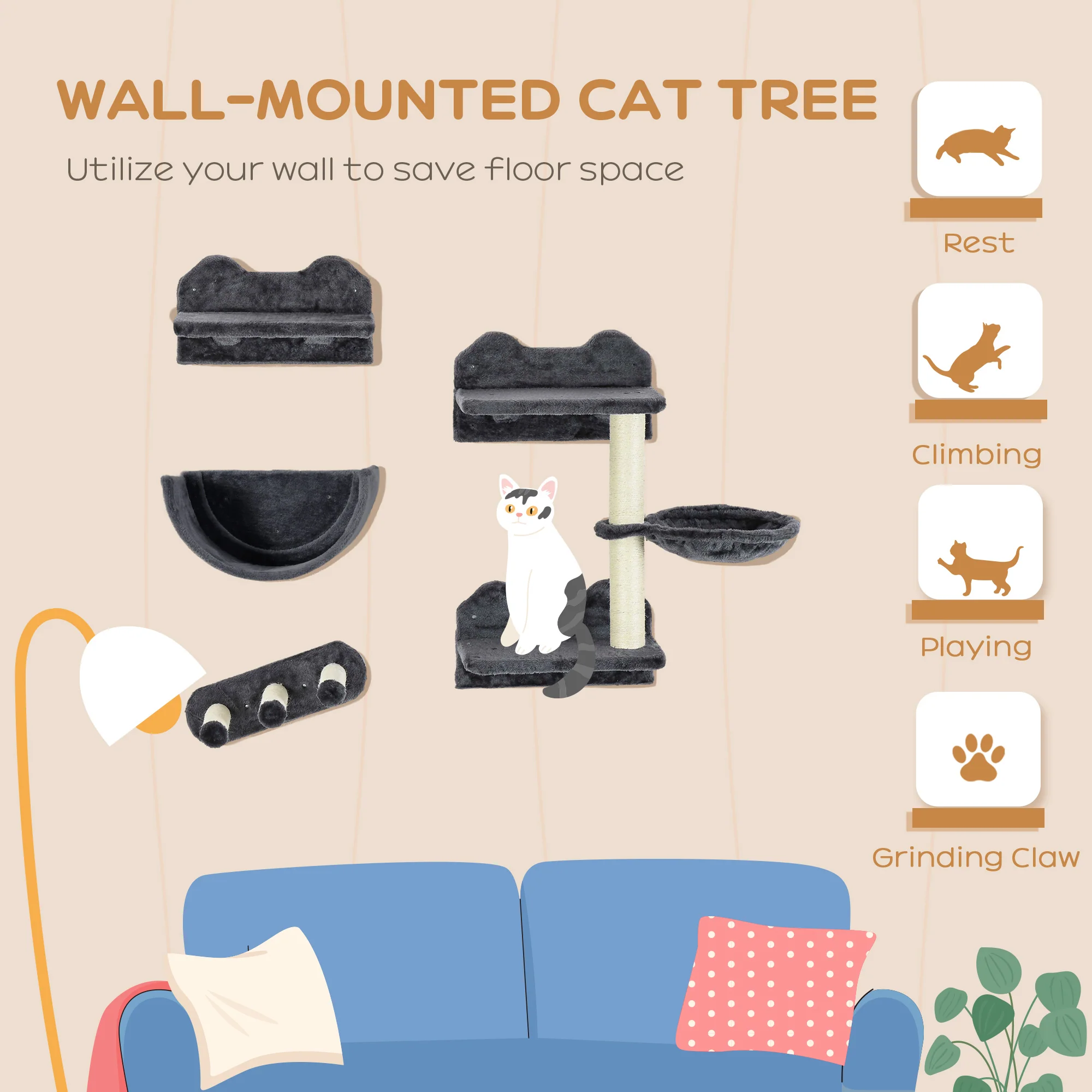 PawHut 4PCs Wall Mounted Cat Tree Cat Wall Shelves W/ Scratching Post - Dark Grey/Brown - Image 3