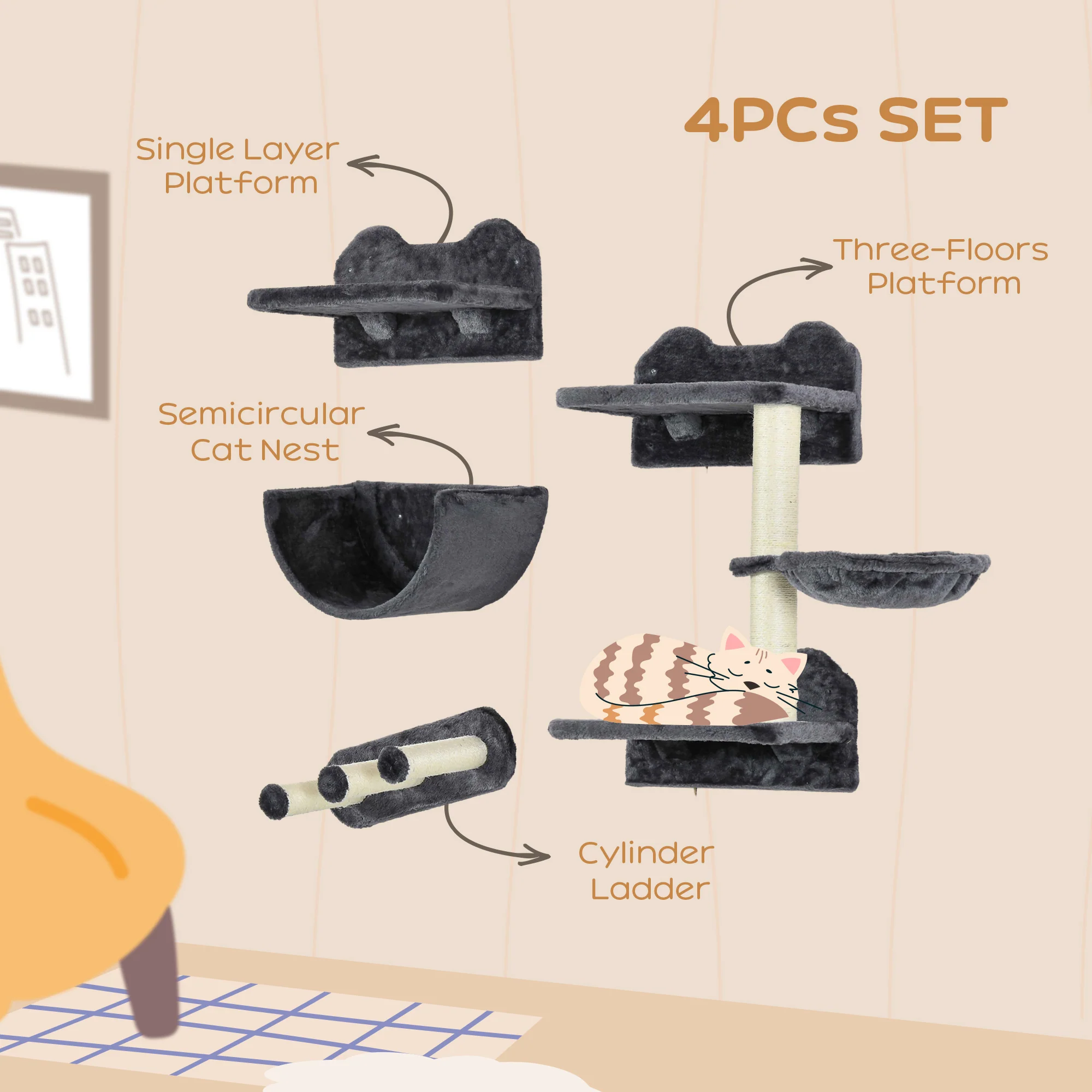 PawHut 4PCs Wall Mounted Cat Tree Cat Wall Shelves W/ Scratching Post - Dark Grey/Brown - Image 4